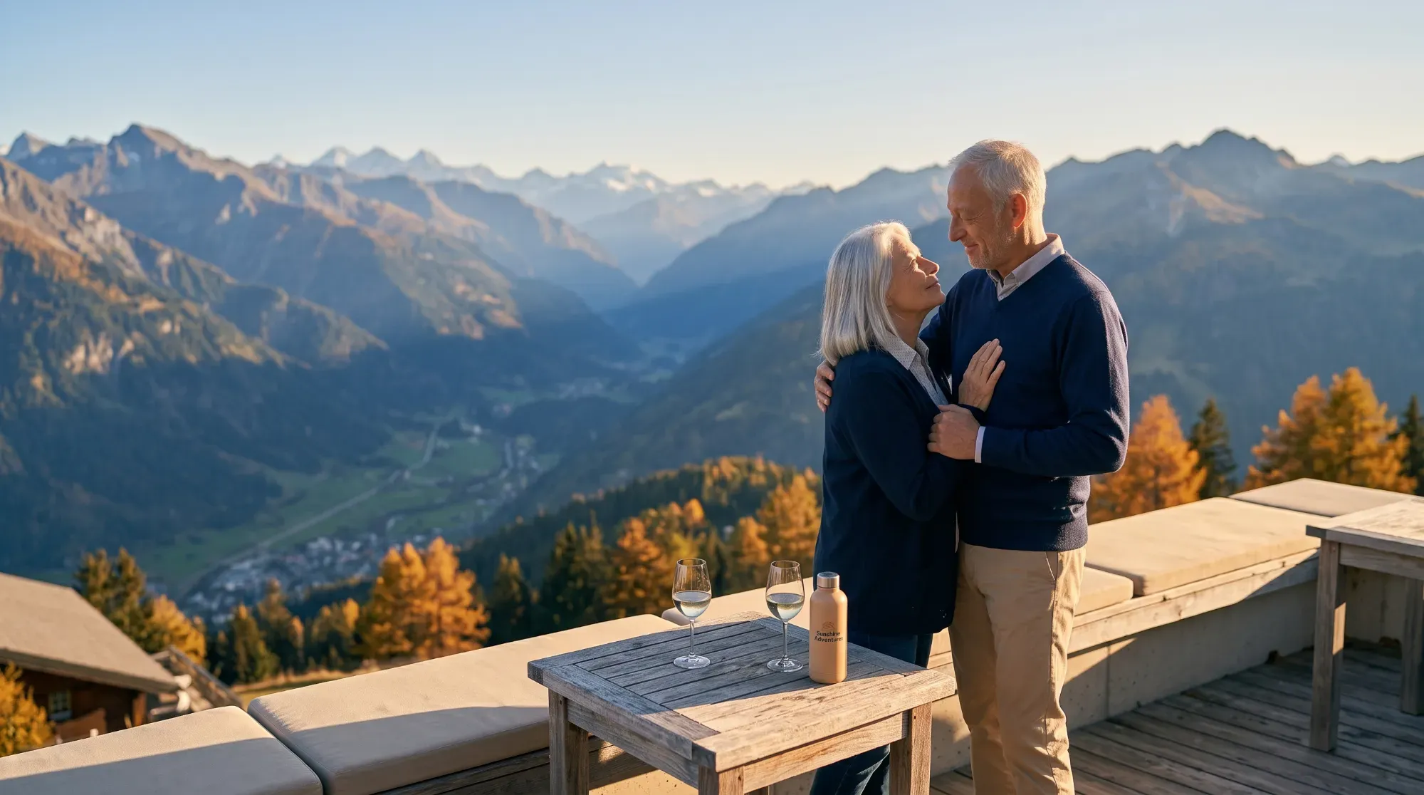 Paar betrachtet ein Bergpanorama von einer Terrasse aus, illustriert eine Reise nur zu zweit, um einen besonderen Moment zu feiern.