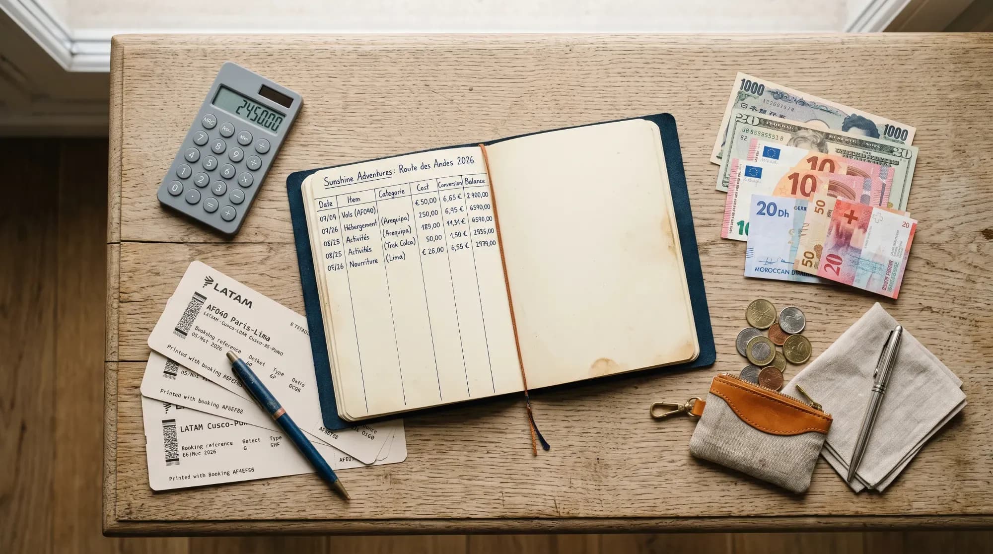 Carnet de budget de voyage, billets d'avion et monnaies posés sur une table, illustrant la planification financière d'un voyage sur mesure