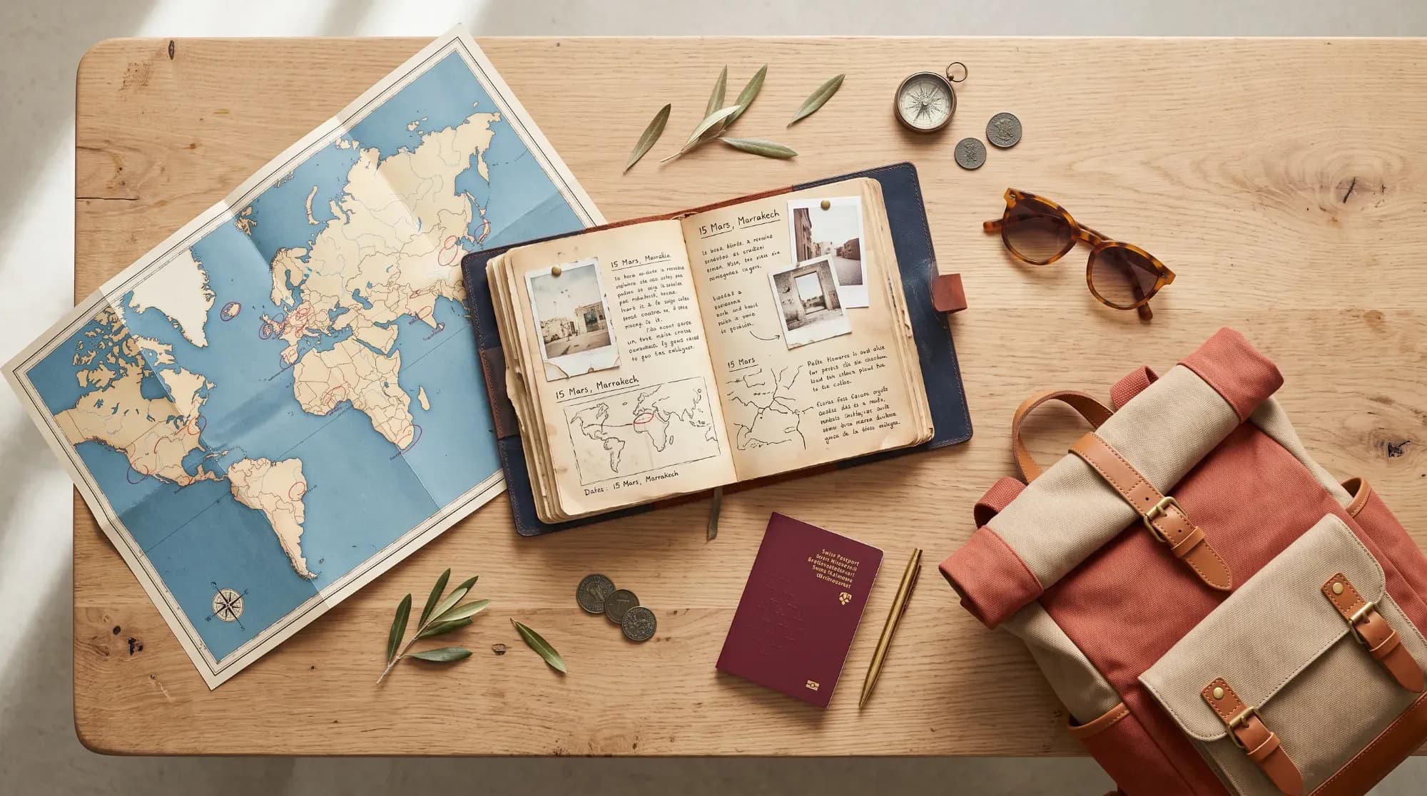 Carnet de voyage, carte, passeport et sac à dos organisés sur une table, symbolisant la préparation d'un circuit en solo