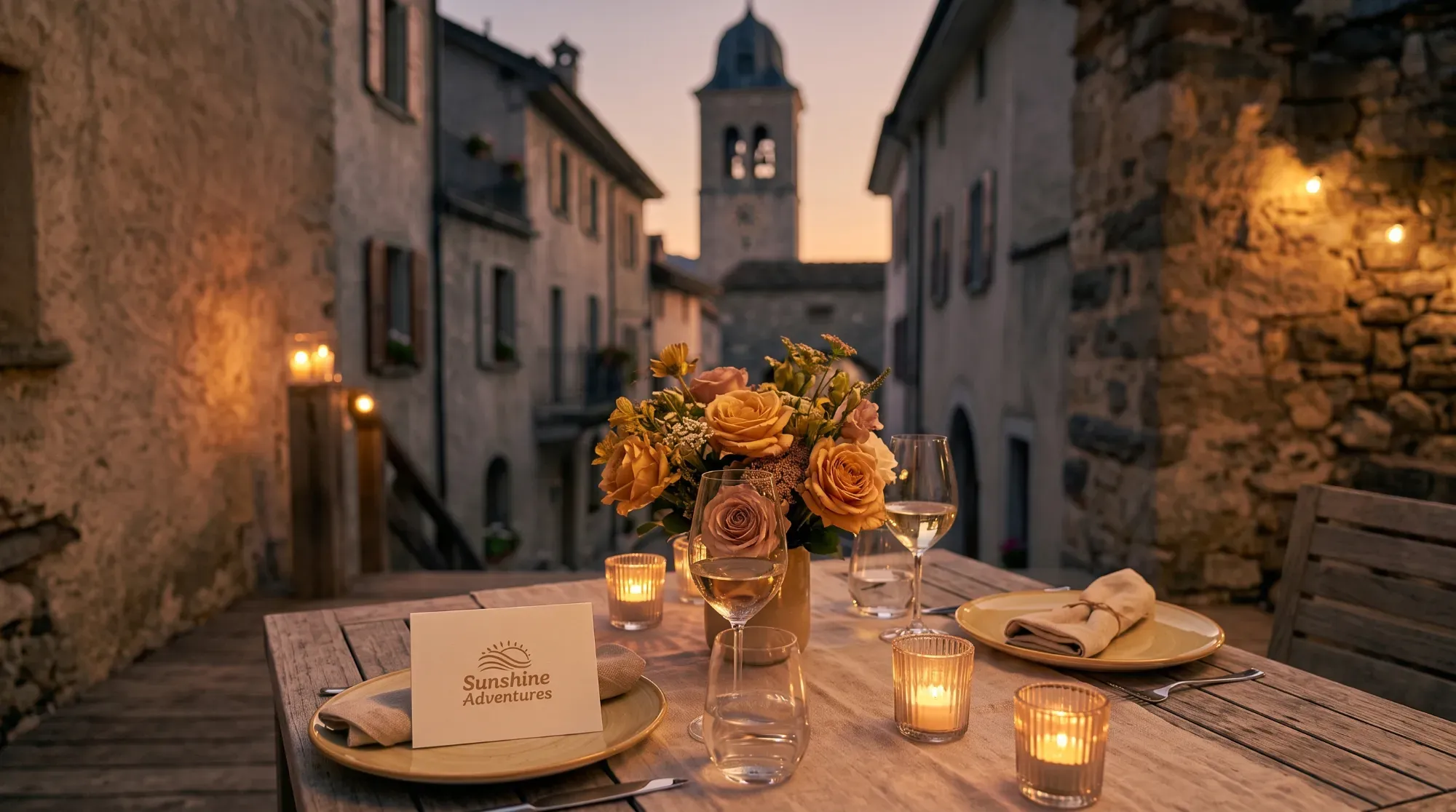 Table dressée pour un dîner privé célébrant une occasion spéciale, illustrant les attentions personnalisées d'un voyage en solo à deux