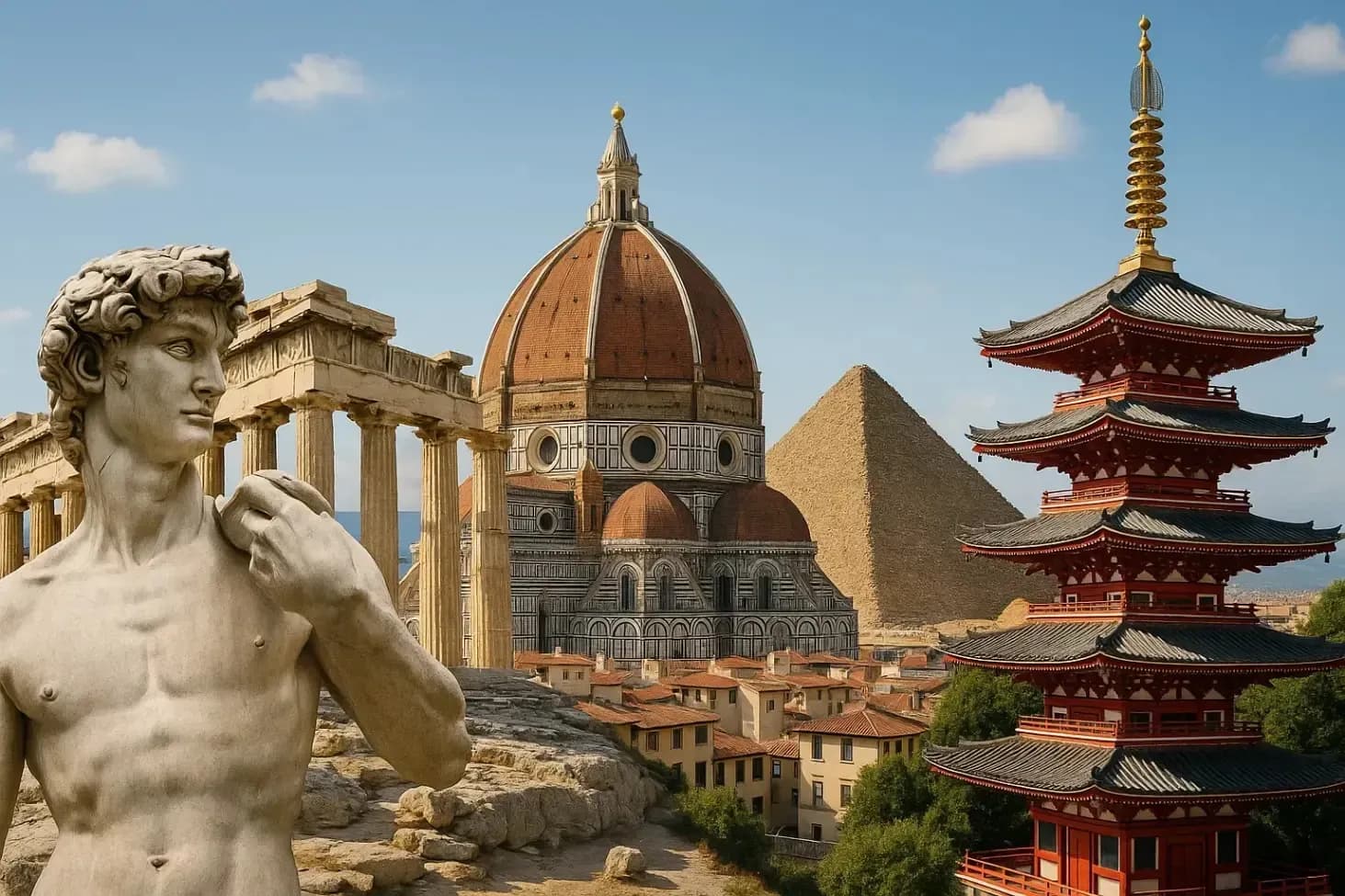 Collage de monuments emblématiques du monde — statue de David, Duomo de Florence, pyramides et pagode asiatique — illustrant les destinations d'un voyage culturel sur mesure