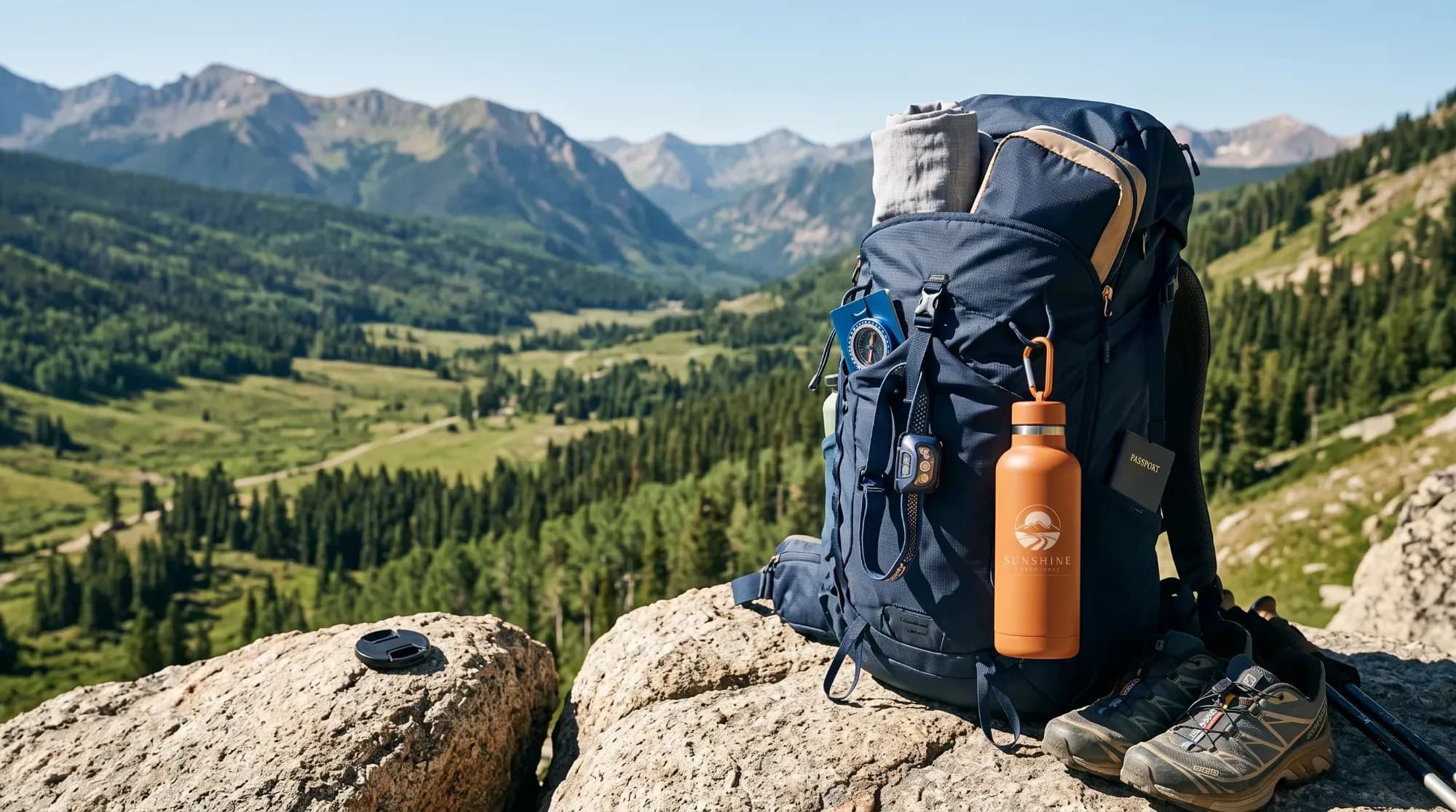 Sac à dos de randonnée équipé face à un paysage de montagne, illustrant la préparation d'un voyage d'aventure