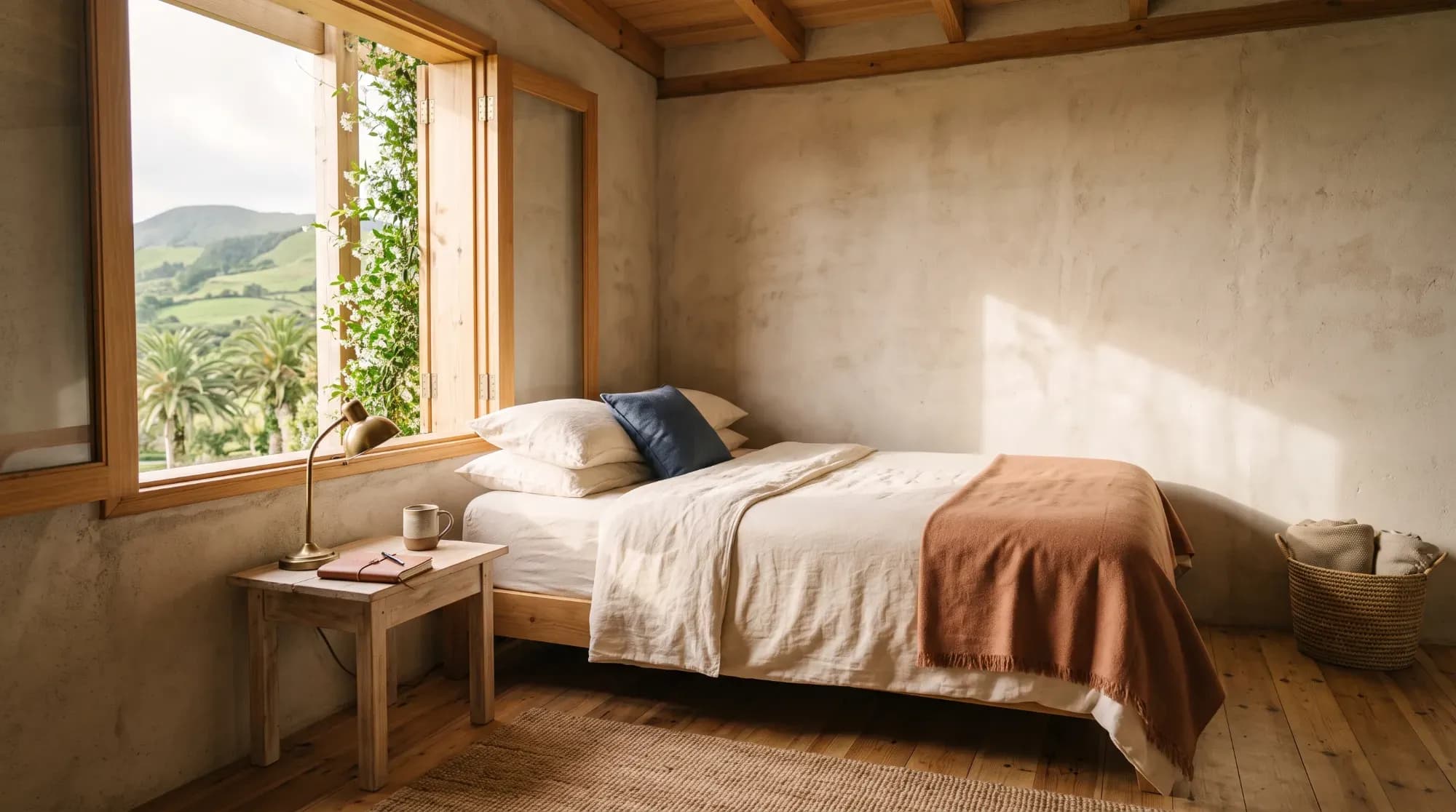 Chambre d'auberge chaleureuse et lumineuse avec vue sur l'extérieur, illustrant un hébergement adapté au voyage en solo
