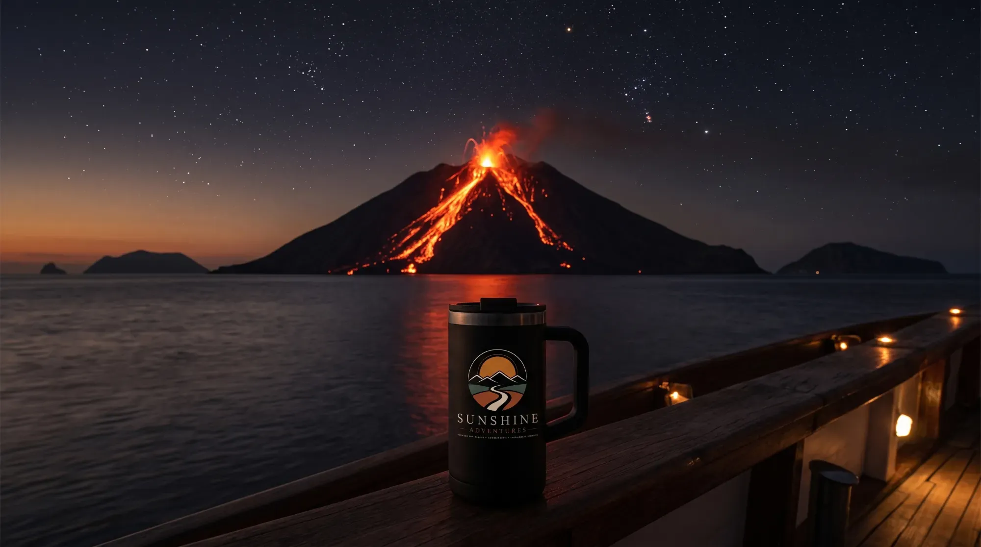 Éruption nocturne du volcan Stromboli en Italie, illustrant l'aventure volcanique des îles Éoliennes