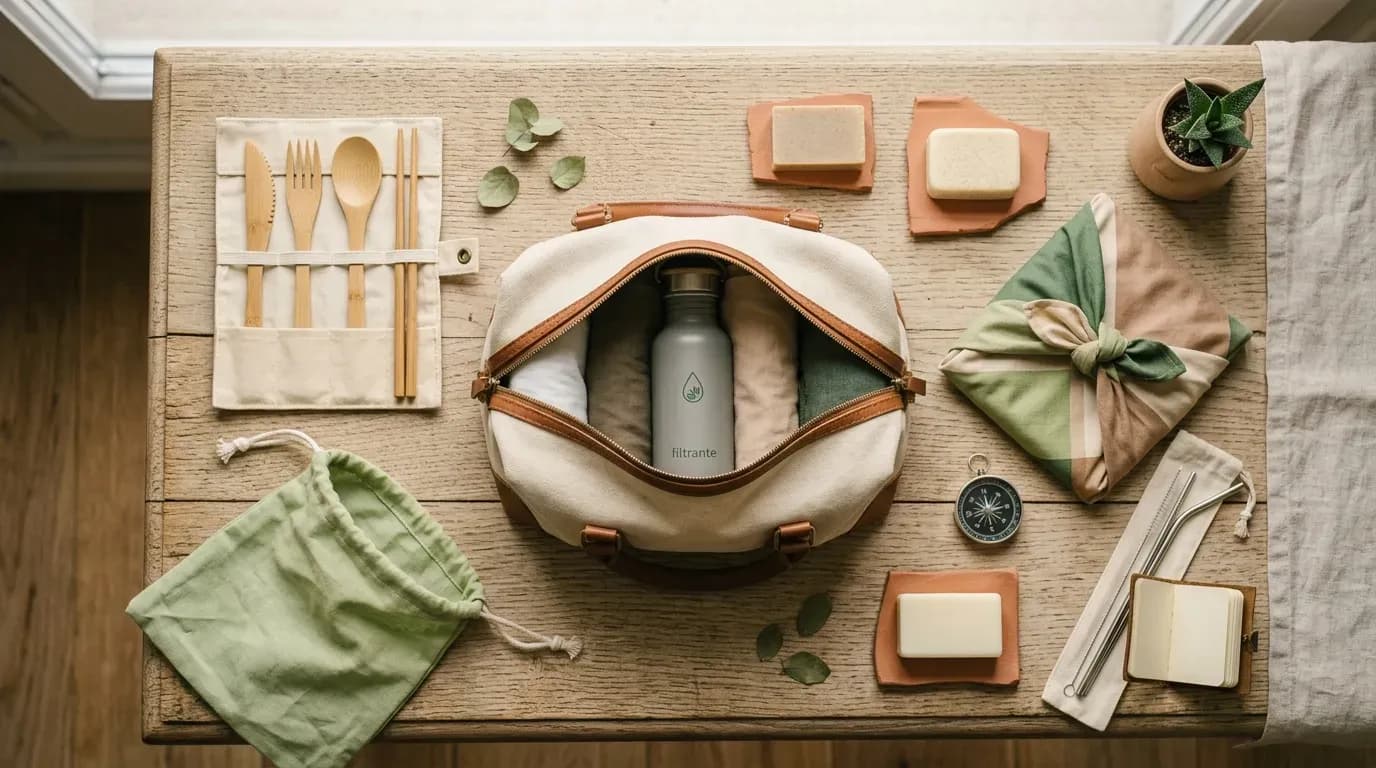 Articles de voyage zero-déchet disposés autour d'un sac minimaliste, illustrant les bonnes pratiques pour voyager léger