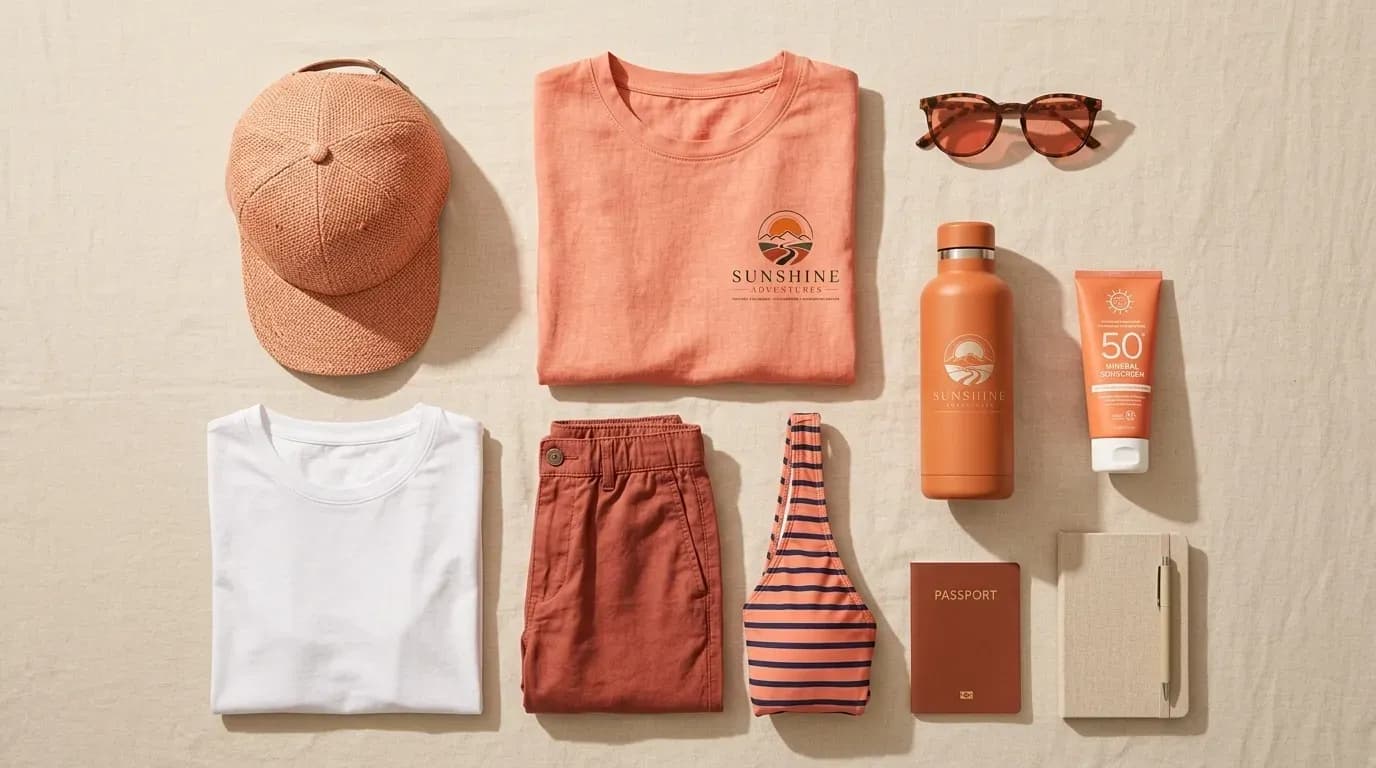 Vêtements légers et accessoires d'été prêts pour un voyage en pays chaud, illustrant une valise adaptée au climat tropical