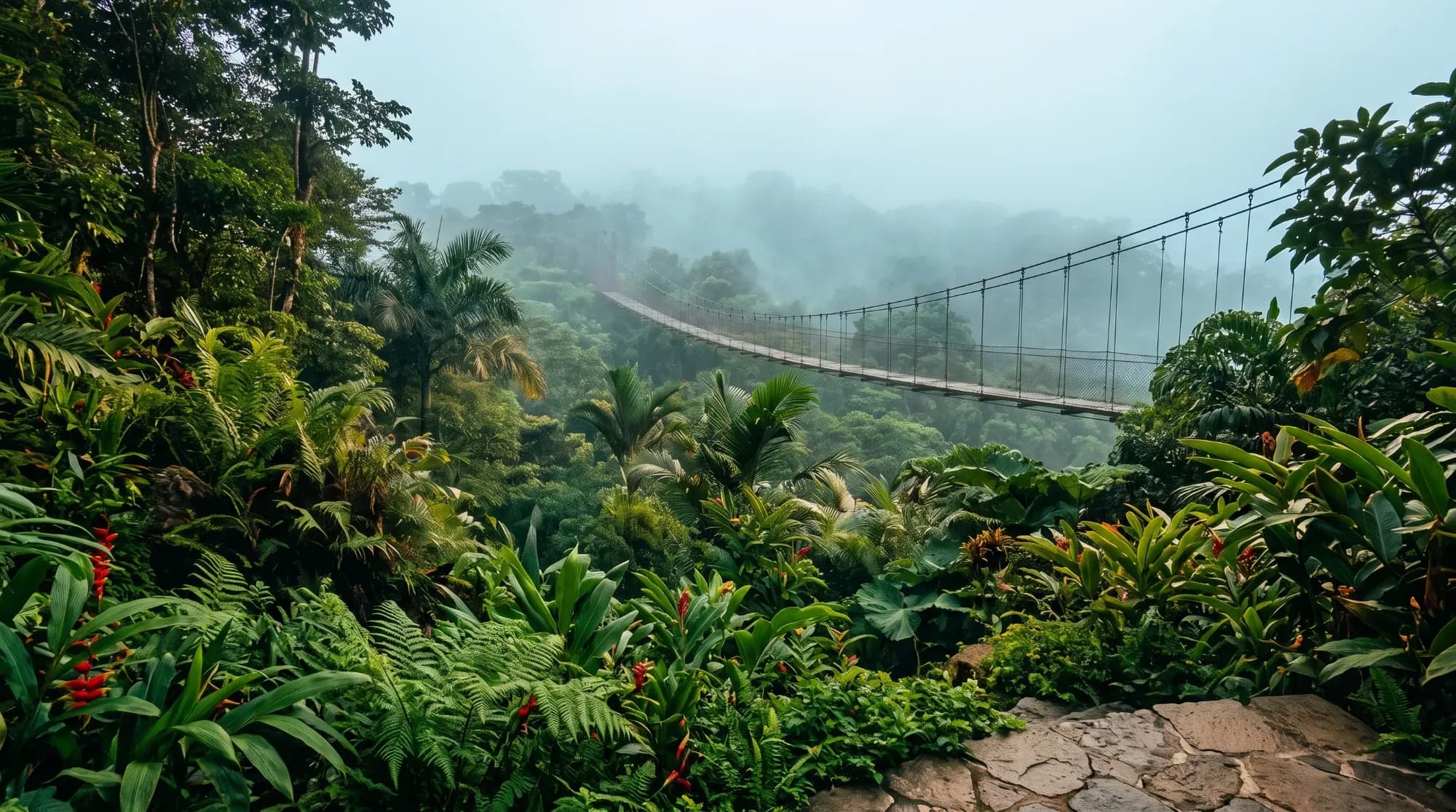 Pont suspendu dans la forêt de nuages de Monteverde, illustrant l'immersion dans la jungle costaricienne