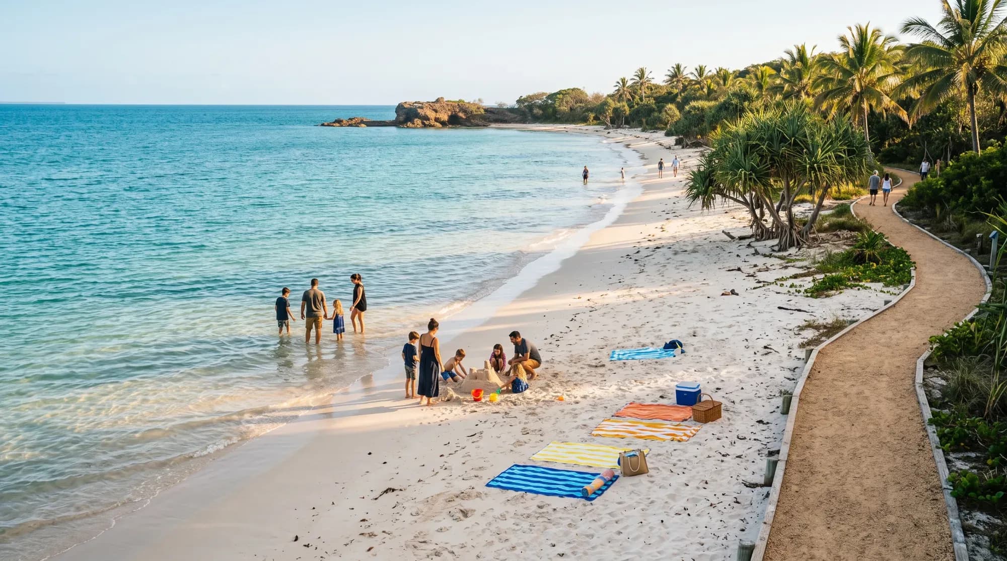 Plage ou paysage naturel accueillant pour les familles, illustrant le choix d'une destination adaptée aux enfants