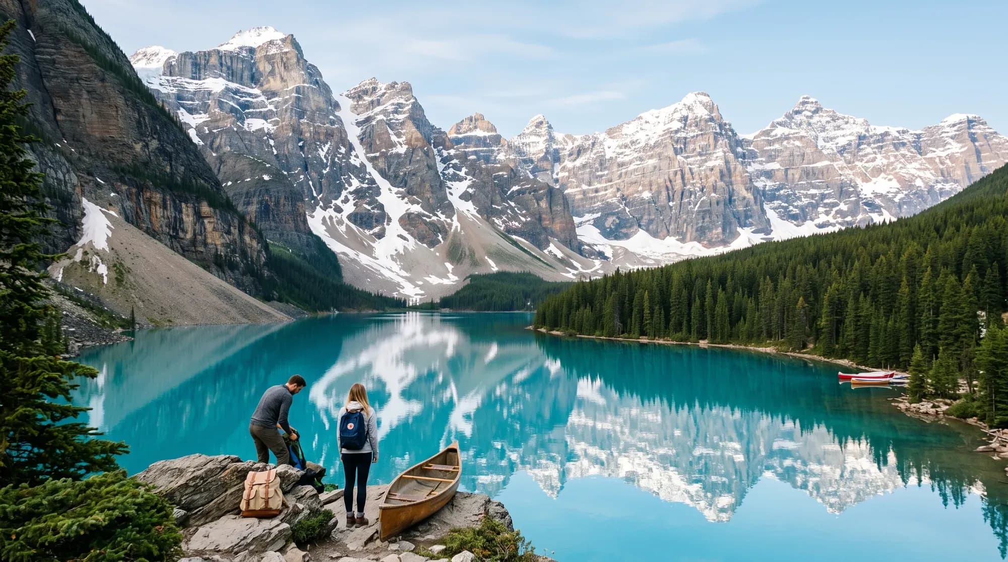 Lac glaciaire turquoise entouré de montagnes enneigées au Canada, illustrant l'appel des grands espaces