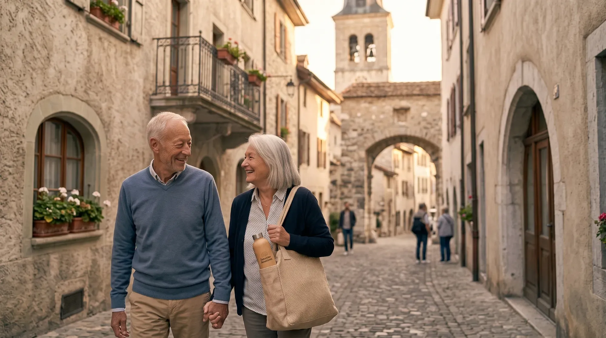 Couple explorant une ville historique main dans la main, illustrant une escapade à deux pour célébrer une occasion spéciale