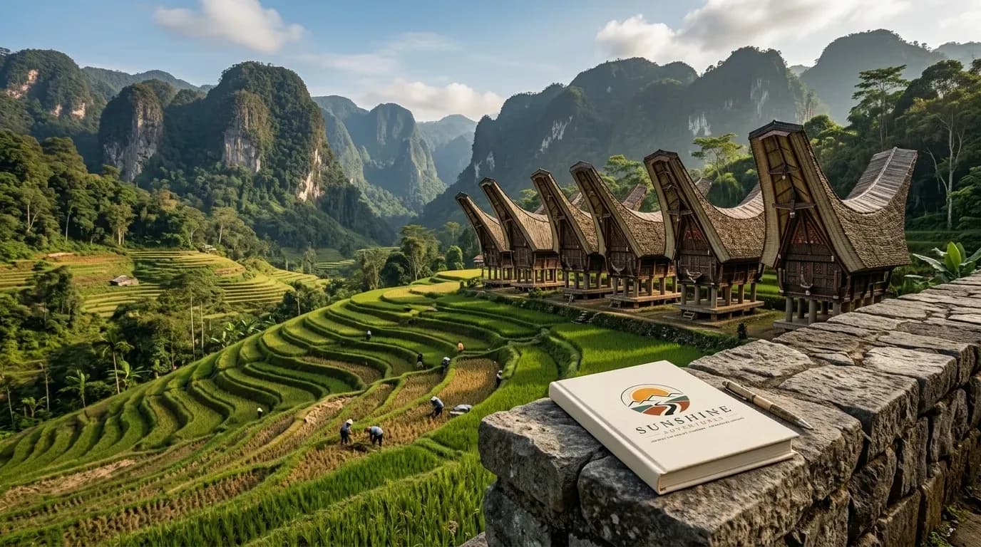 Maisons traditionnelles tongkonan face aux rizières en terrasses de Tana Toraja, illustrant l'architecture unique de cette région d'Indonésie