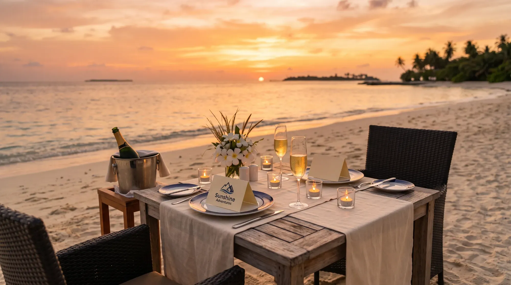 Dîner romantique privé sur la plage au coucher du soleil, illustrant les attentions personnalisées d'un voyage de noces