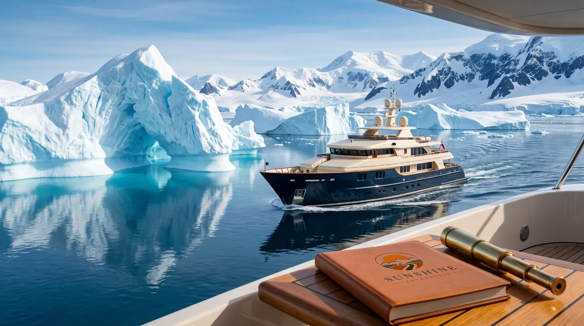 Yacht d'expédition de luxe naviguant entre les icebergs en Antarctique, illustrant l'ultime aventure de voyage de luxe