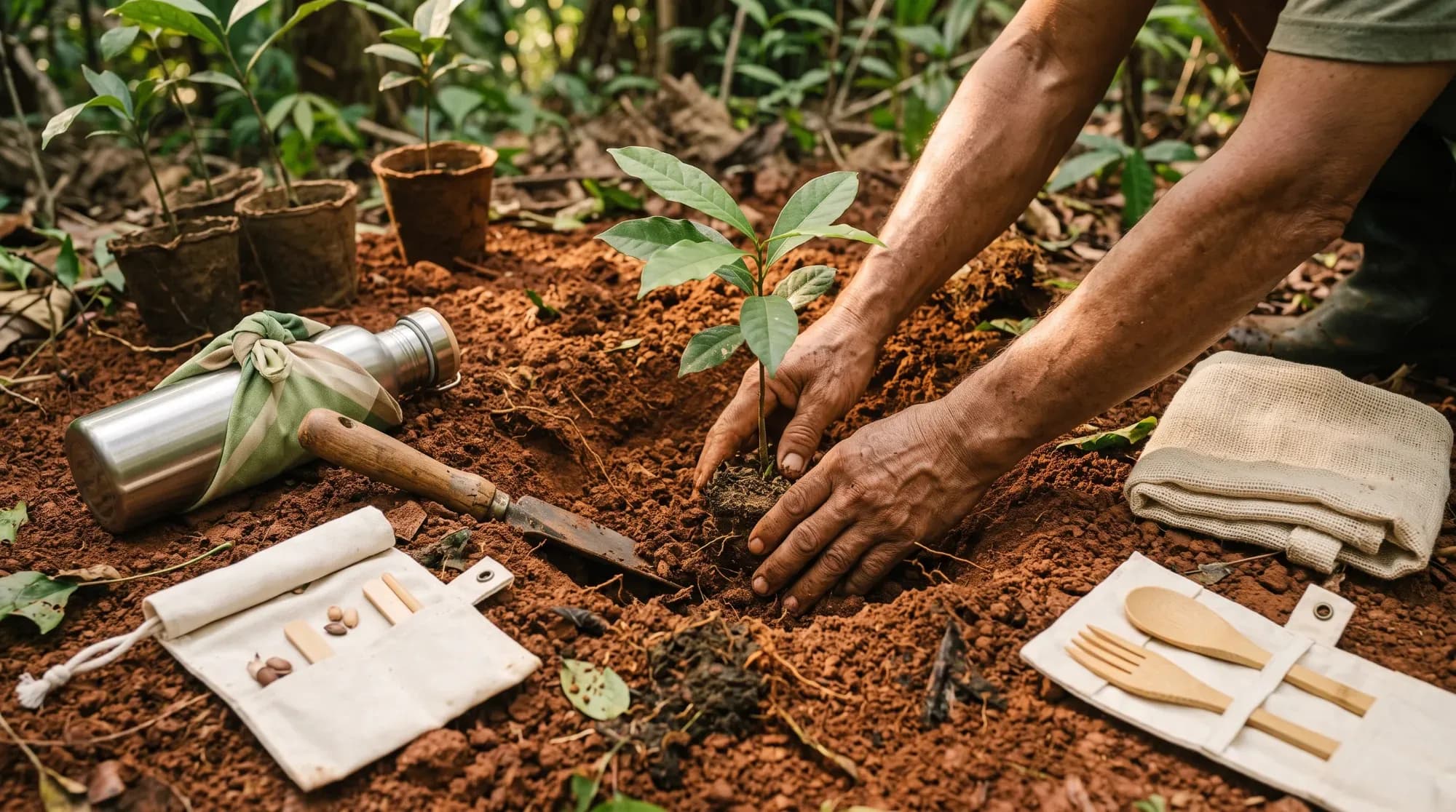 Mains plantant un arbre dans le cadre d'un projet local, illustrant une expérience de voyage éthique et engagée