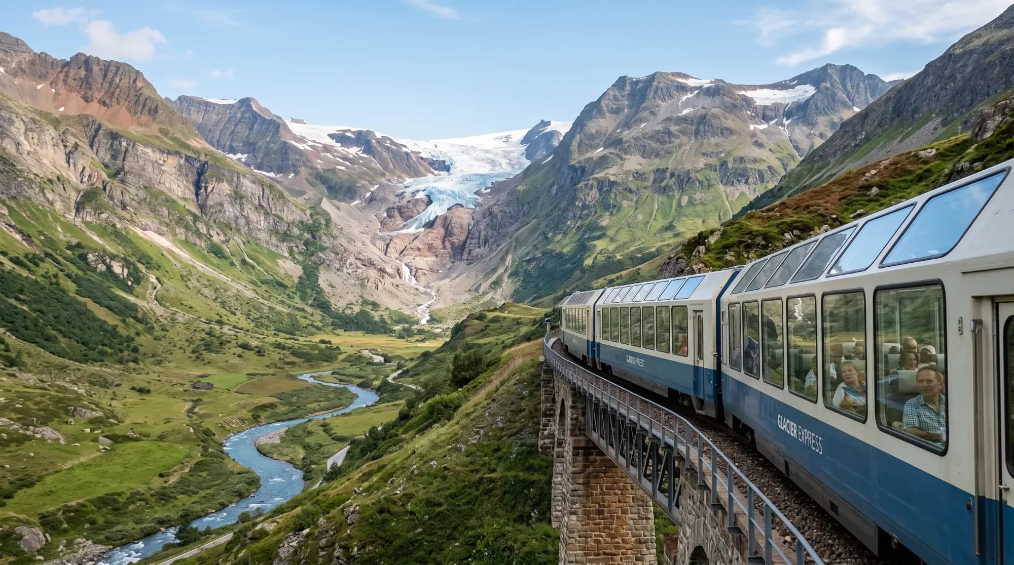 Train panoramique traversant un paysage de montagne, illustrant un mode de transport plus écologique