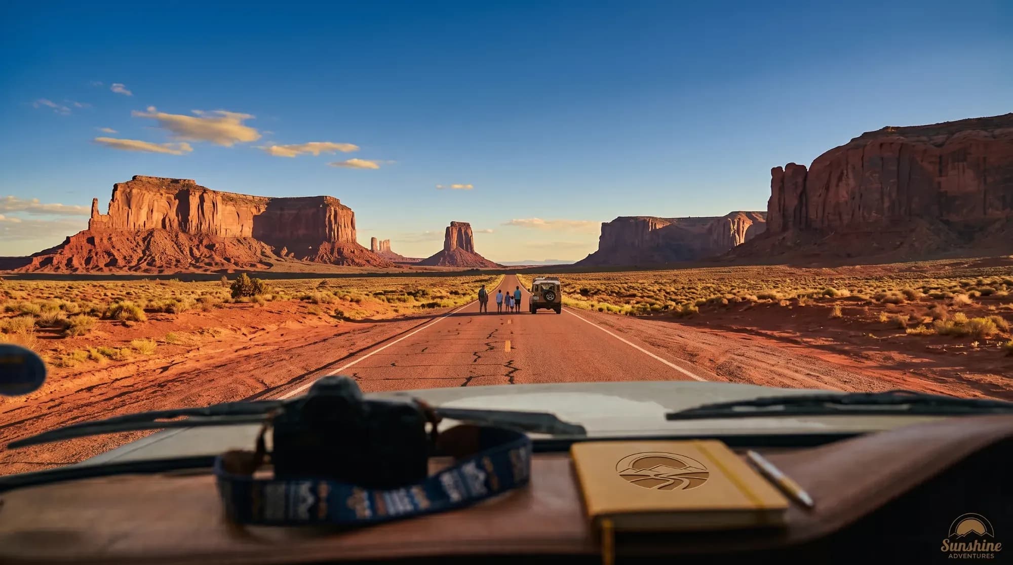 Route traversant Monument Valley dans l'Ouest américain, illustrant un road trip mythique sur la côte ouest des États-Unis