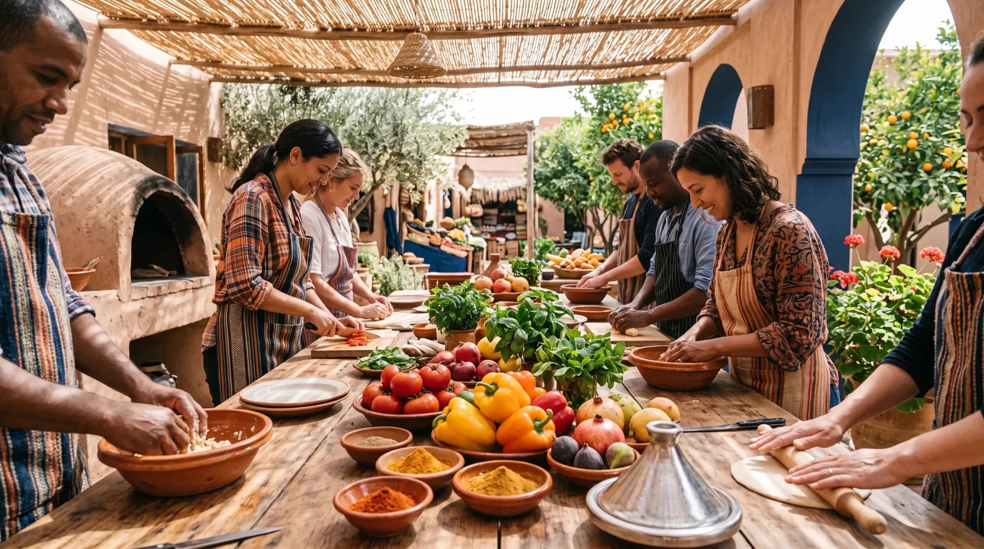 Atelier de cuisine locale avec ingrédients traditionnels, illustrant une expérience culinaire authentique