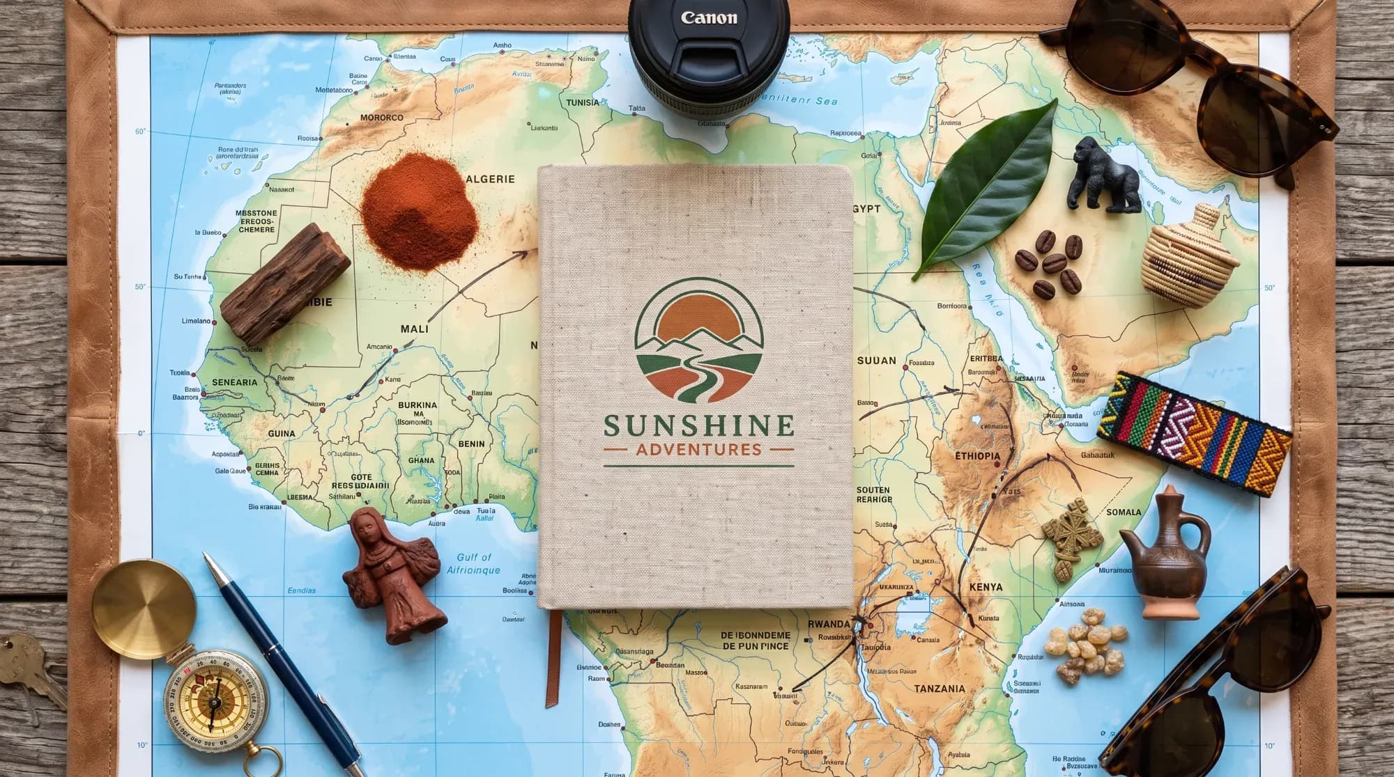 Carte de l'Afrique entourée d'objets symboliques, illustrant la diversité des destinations du continent