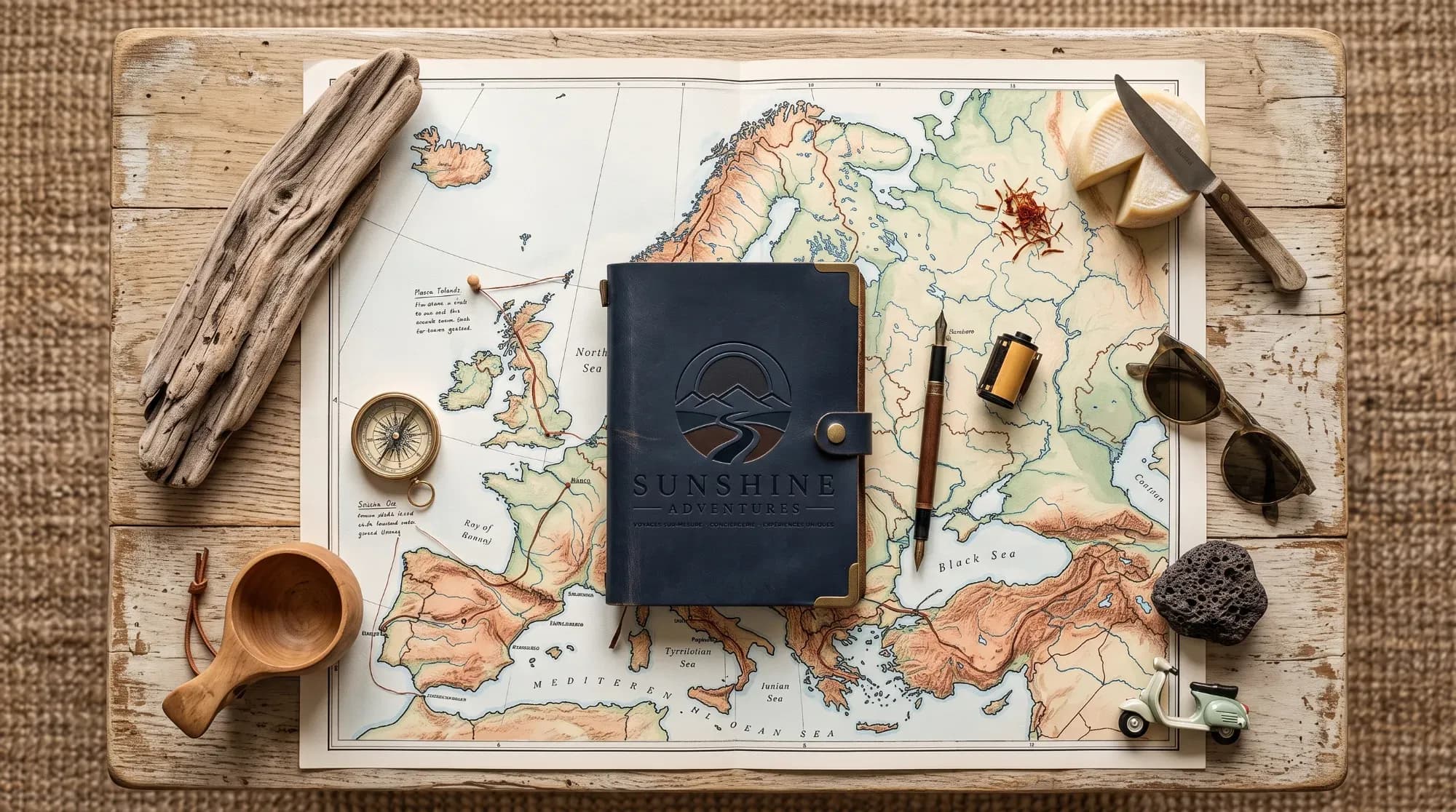 Carte de l'Europe entourée d'objets symboliques, illustrant la diversité des destinations européennes méconnues