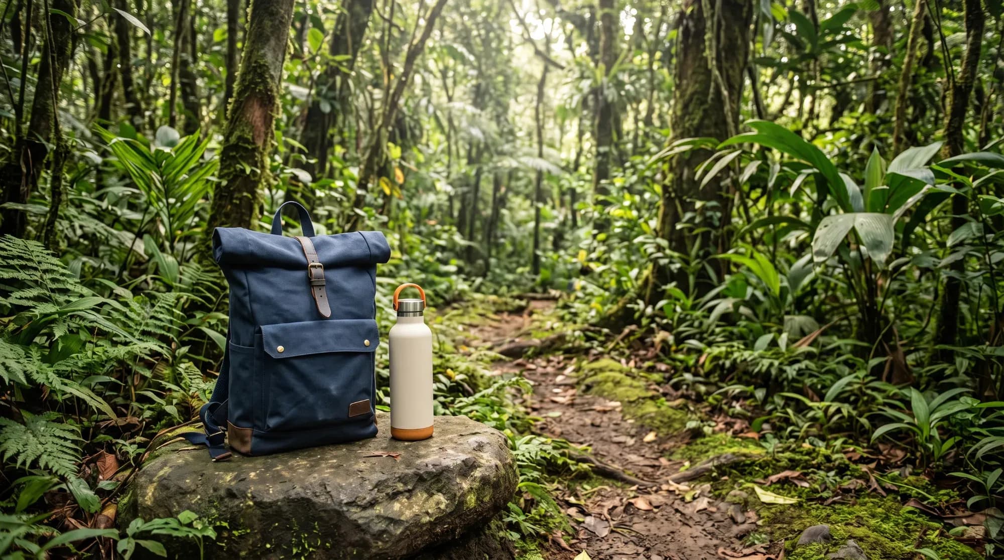 Sentier en pleine nature avec sac à dos et gourde réutilisable, illustrant une démarche de tourisme responsable