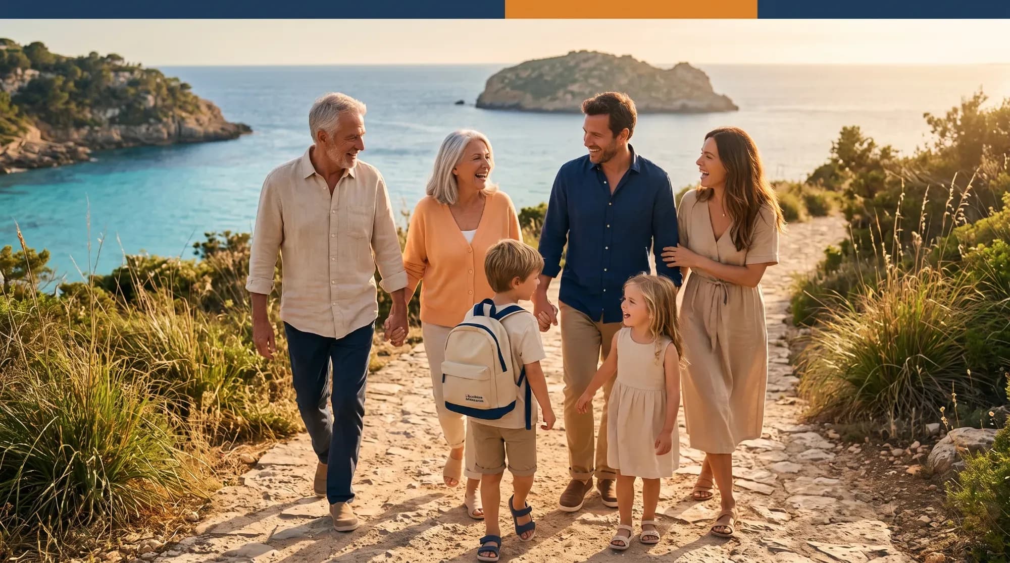 Drei Generationen einer Familie gehen gemeinsam am Meer entlang, illustriert eine Mehrgenerationenreise