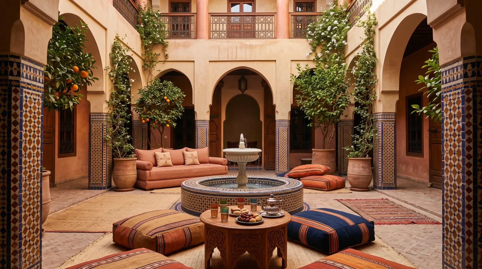 Cour intérieure d'un riad marocain avec fontaine et mosaïques, illustrant une expérience bien-être sensorielle au Maroc