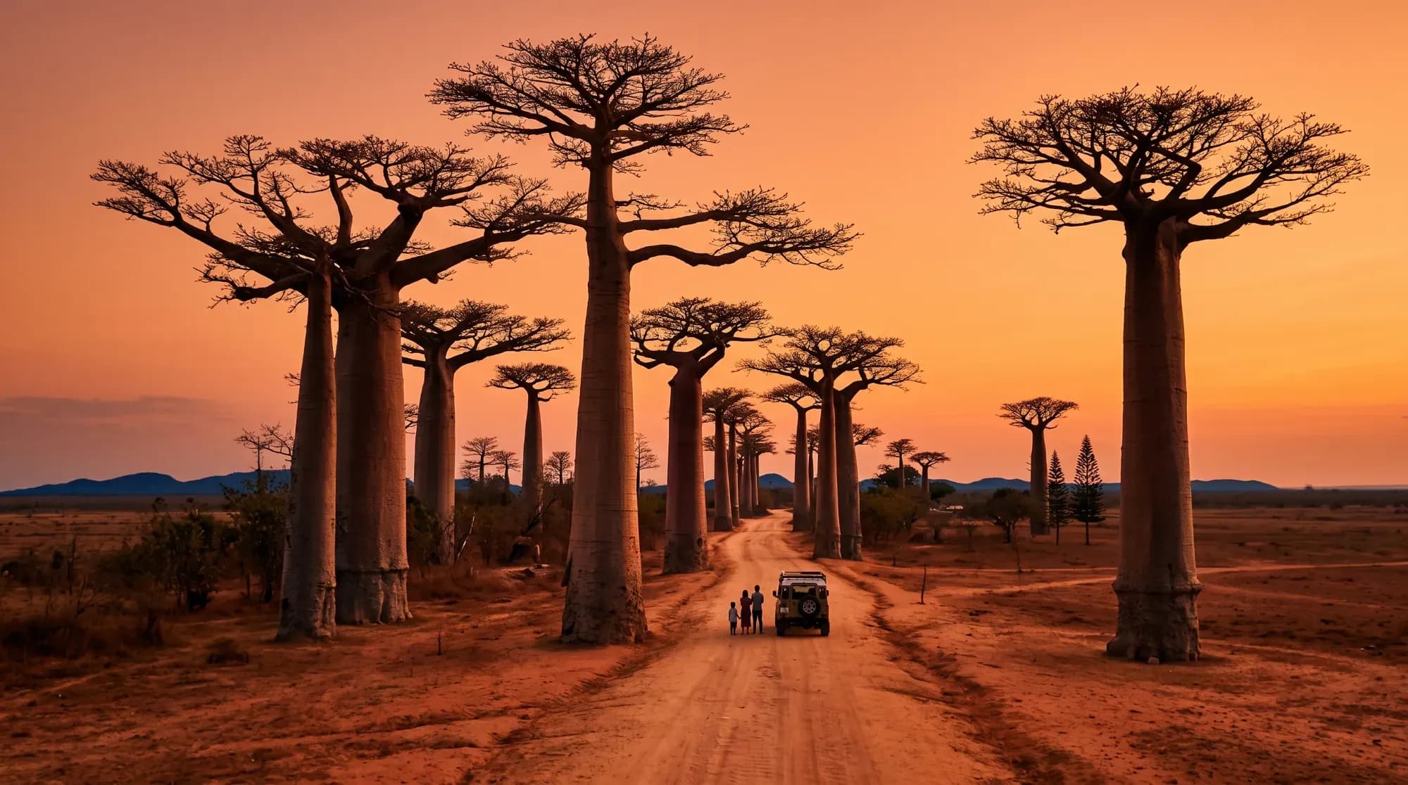 Avenue des baobabs à Madagascar au coucher du soleil, illustrant un paysage emblématique de l'île