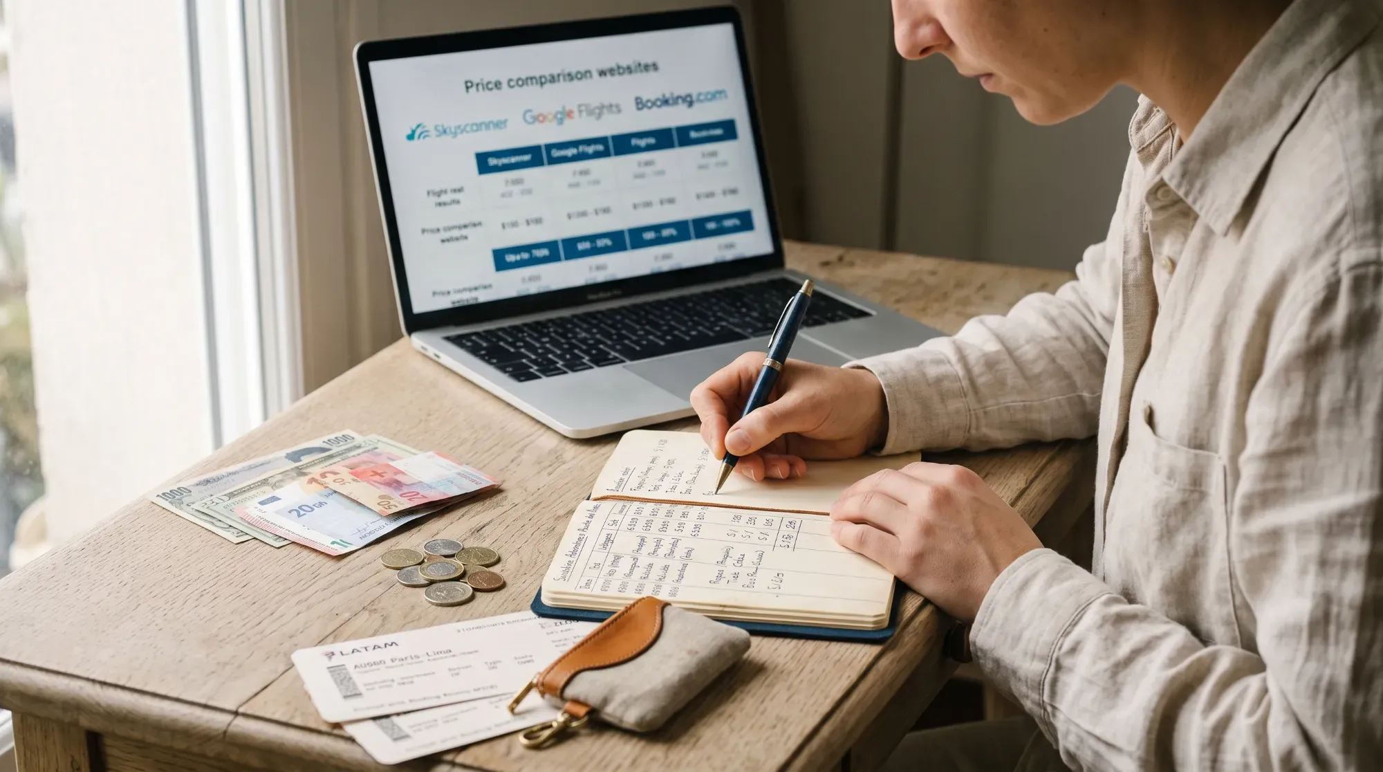 Personne planifiant son budget de voyage sur un carnet, illustrant la définition d'un budget réaliste