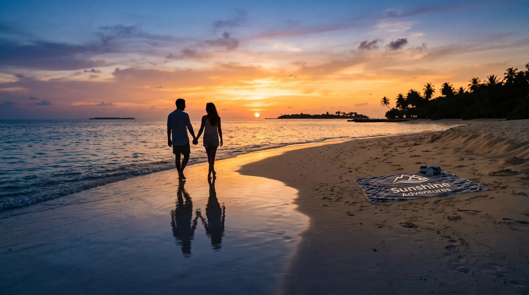 : Couple marchant main dans la main sur une plage isolée, illustrant la conclusion d'un voyage de noces réussi