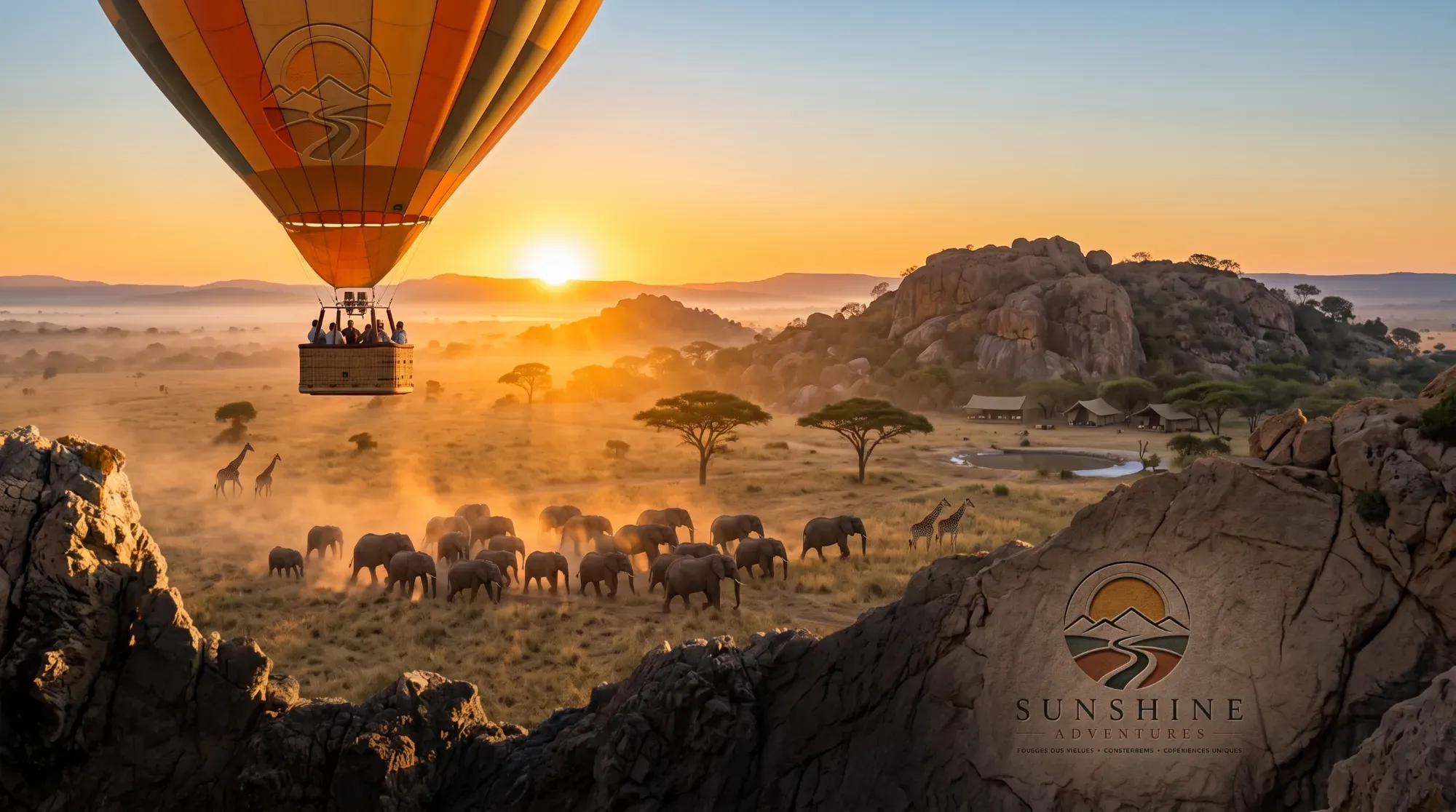 Montgolfière survolant la savane du parc Kruger au lever du soleil, illustrant un safari de luxe en Afrique du Sud