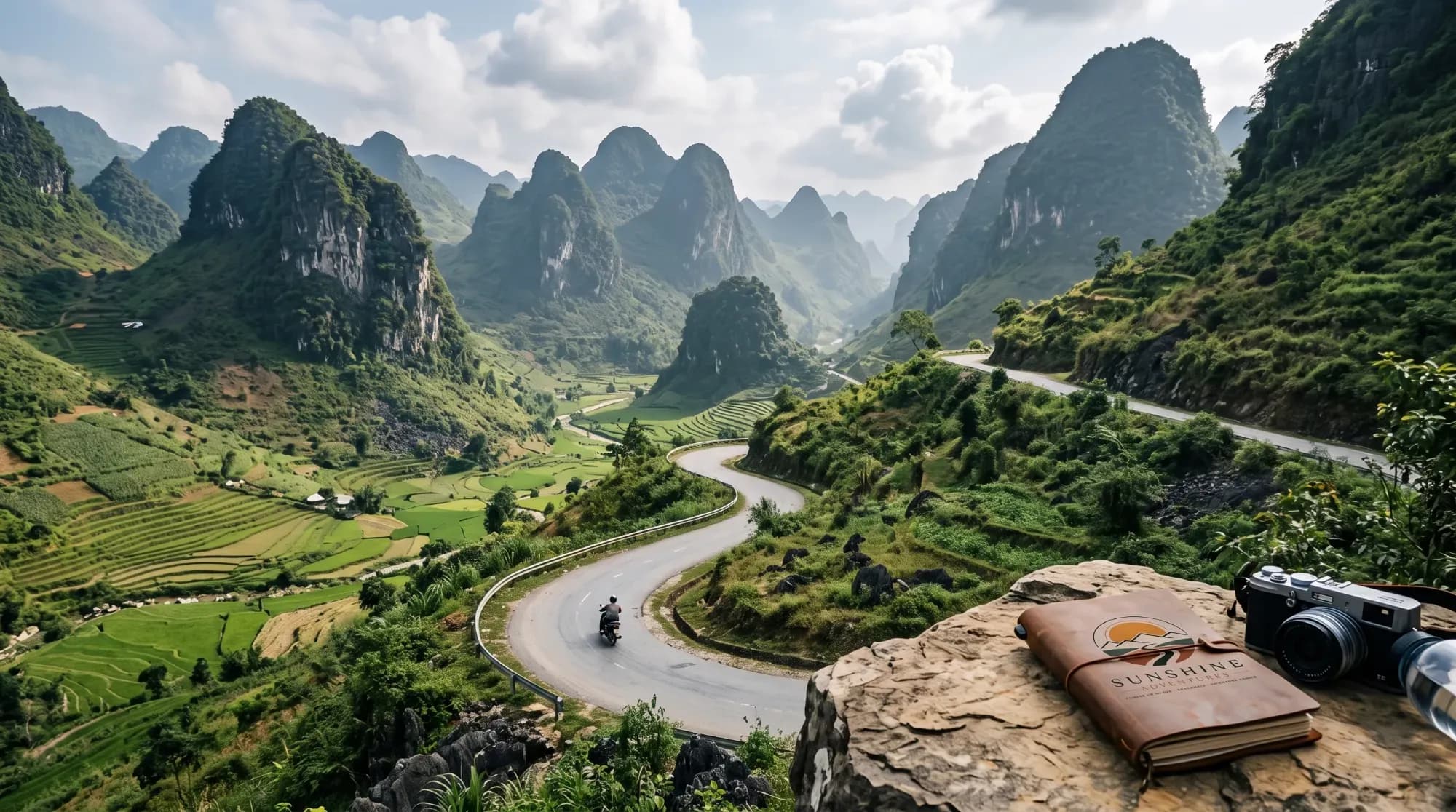 Route sinueuse à travers les montagnes karstiques de Ha Giang, illustrant un road-trip sur mesure au nord du Vietnam