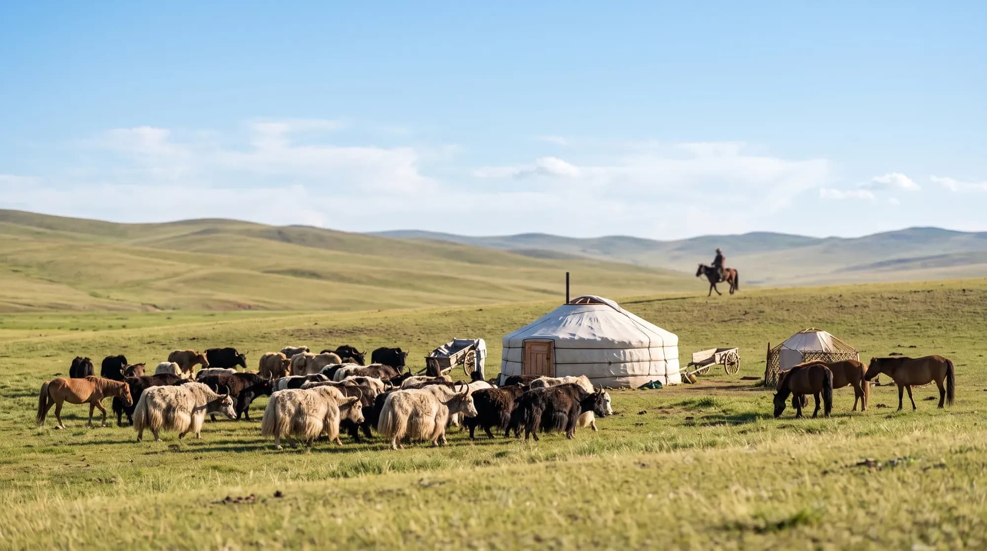 yourte mongole avec éleveurs nomades et troupeau