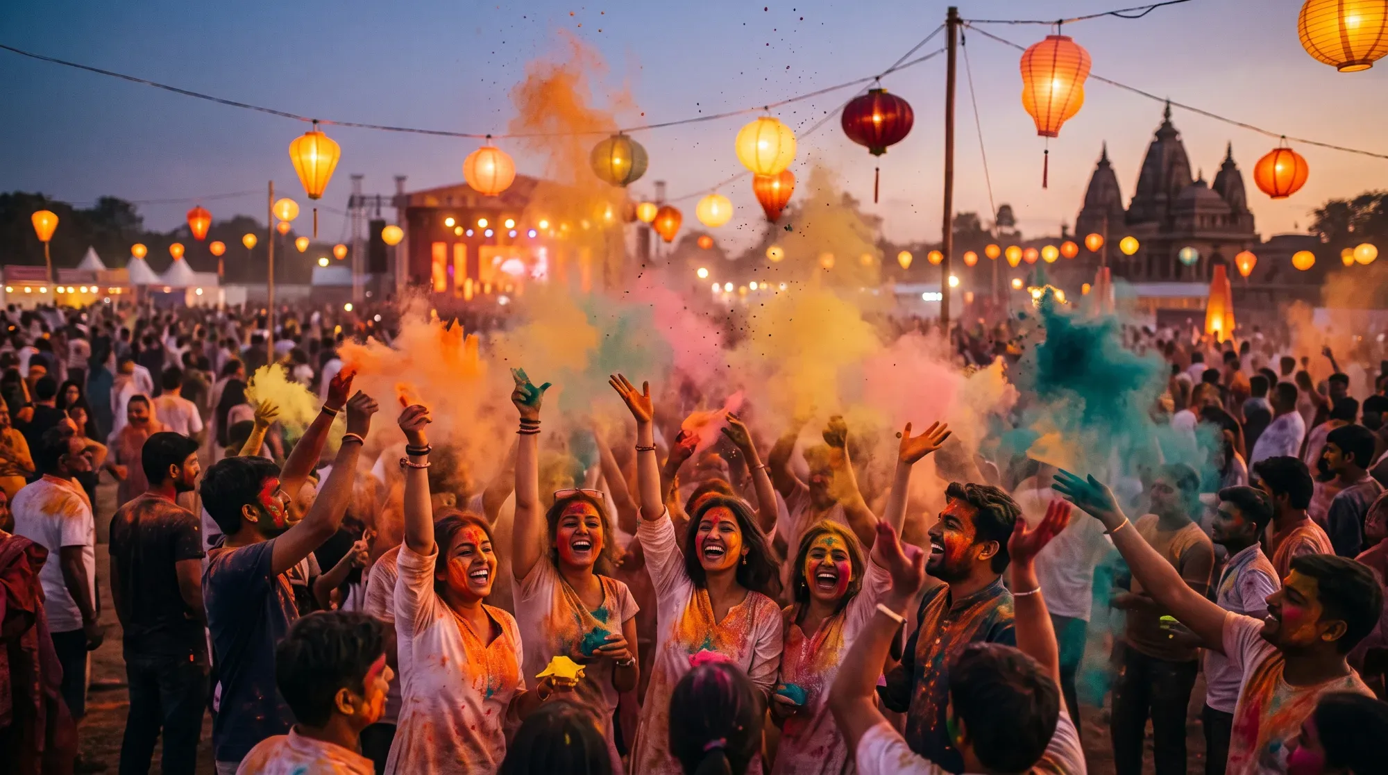 Scène de festival traditionnel coloré, illustrant l'immersion dans les célébrations locales