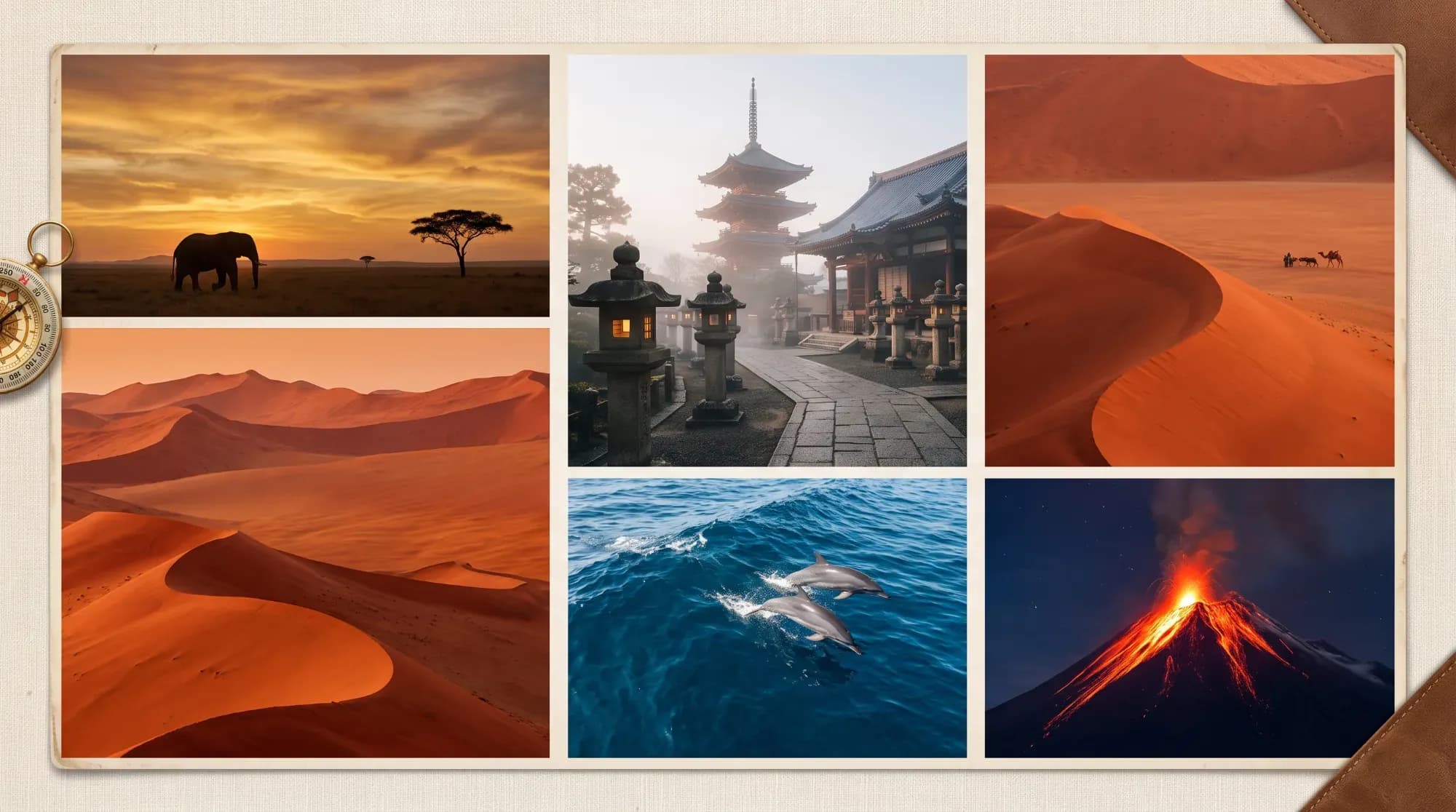 Mosaïque de cinq scènes de voyage — safari en Tanzanie, temple au Japon, désert du Wadi Rum, dauphins aux Açores, volcan au Guatemala — illustrant les expériences inoubliables vécues par nos voyageurs