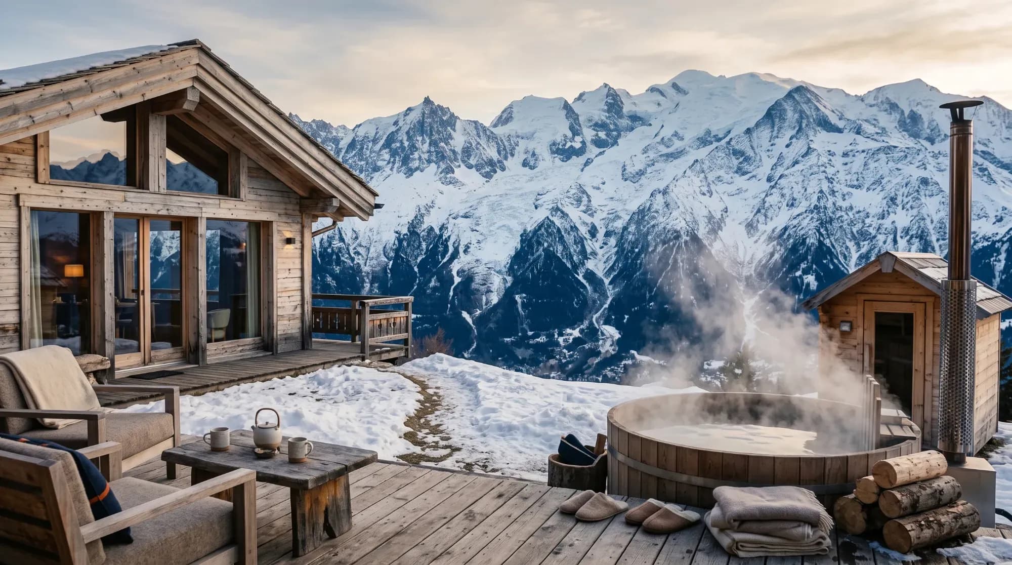 Chalet de montagne avec vue sur les sommets alpins enneigés et bain nordique extérieur, illustrant une pause bien-être en montagne