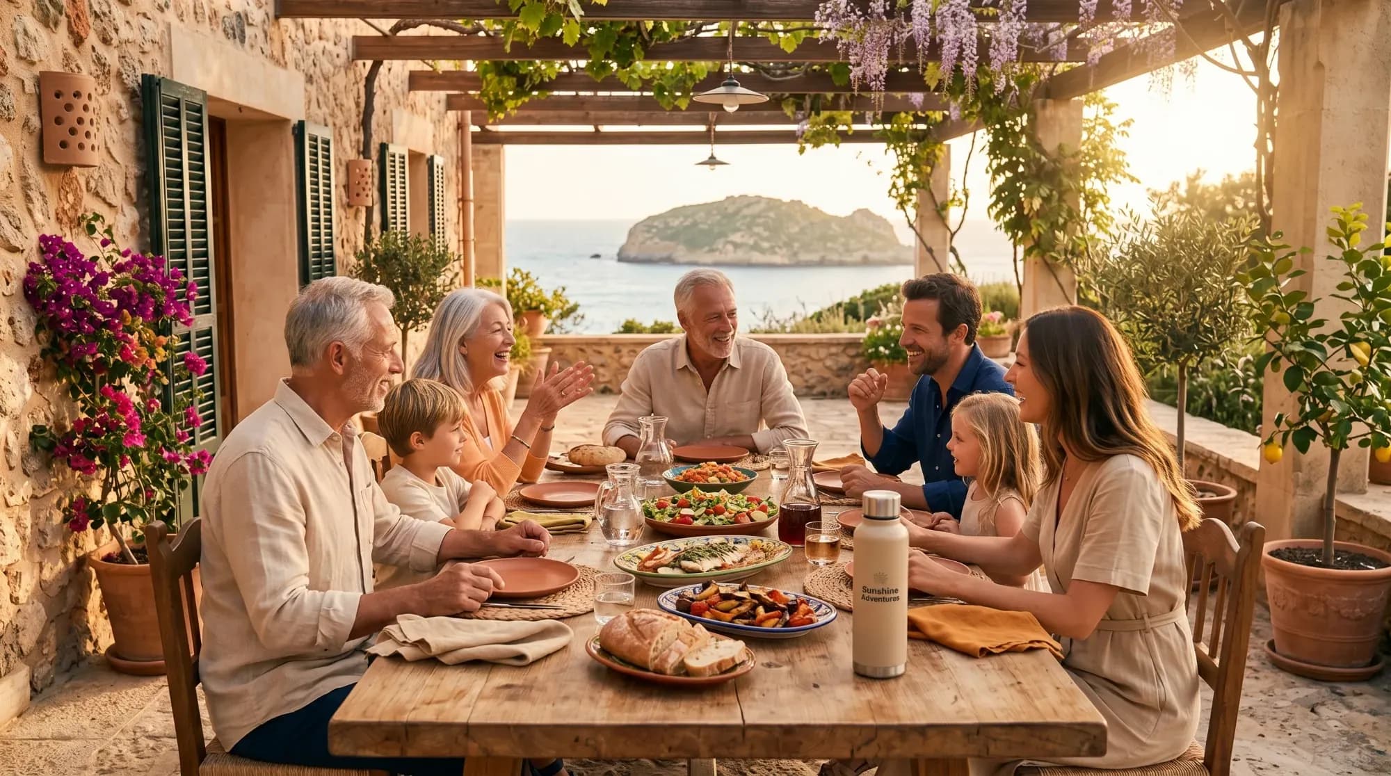Famille de trois générations partageant un repas sur une terrasse, illustrant la convivialité d'un voyage intergénérationnel