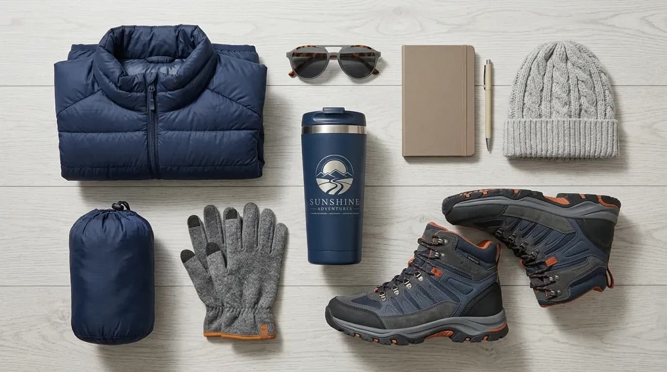 Vêtements thermiques et équipement d'hiver préparés pour un voyage en pays froid, illustrant une valise adaptée au climat polaire