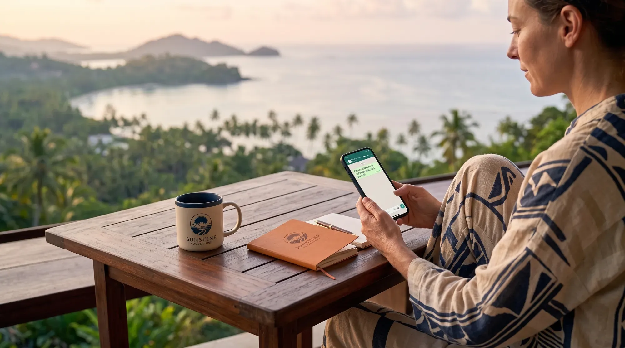 Voyageur consultant son téléphone sur une terrasse, illustrant l'accompagnement continu d'une conciergerie de voyage