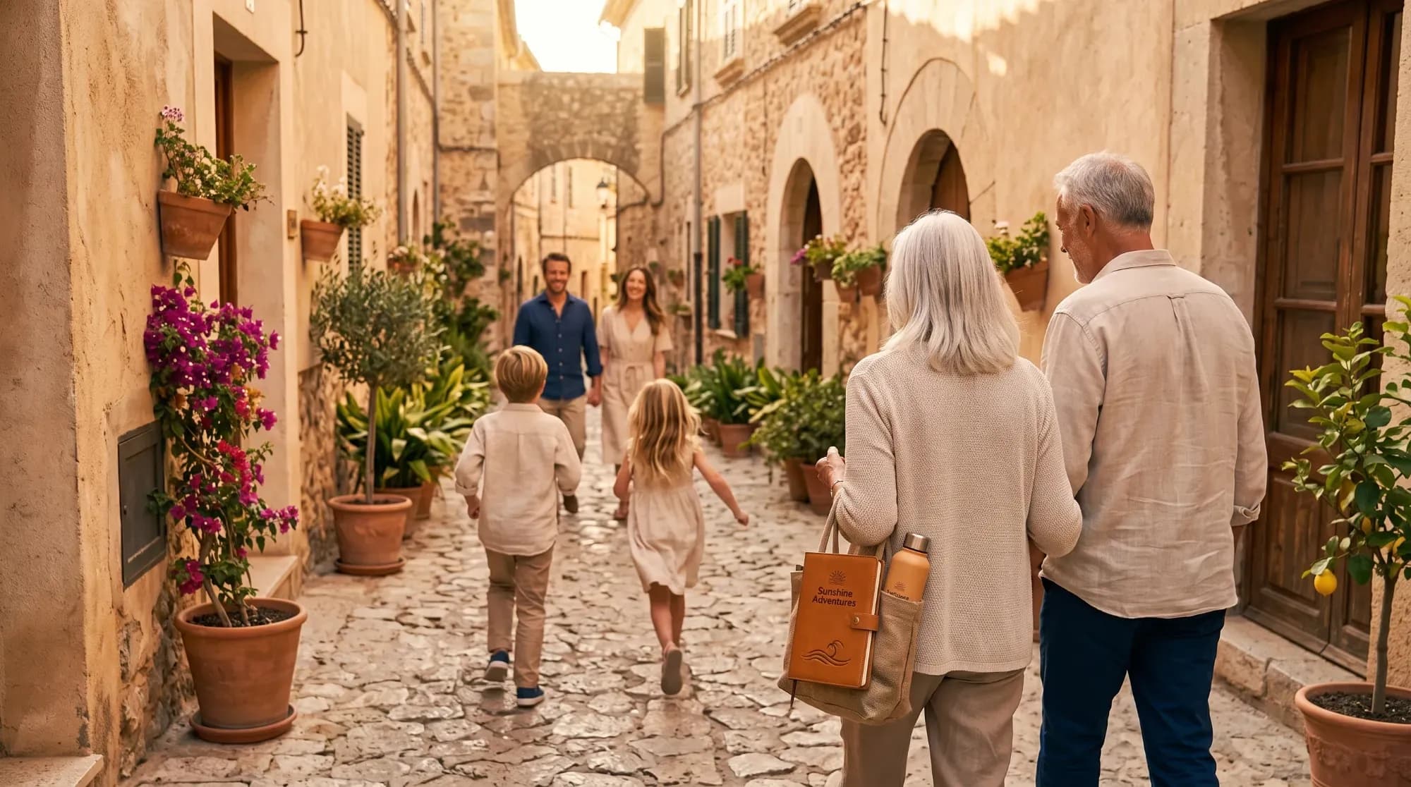 Famille sur plusieurs générations dans un village toscan, illustrant une destination adaptée à tous les âges