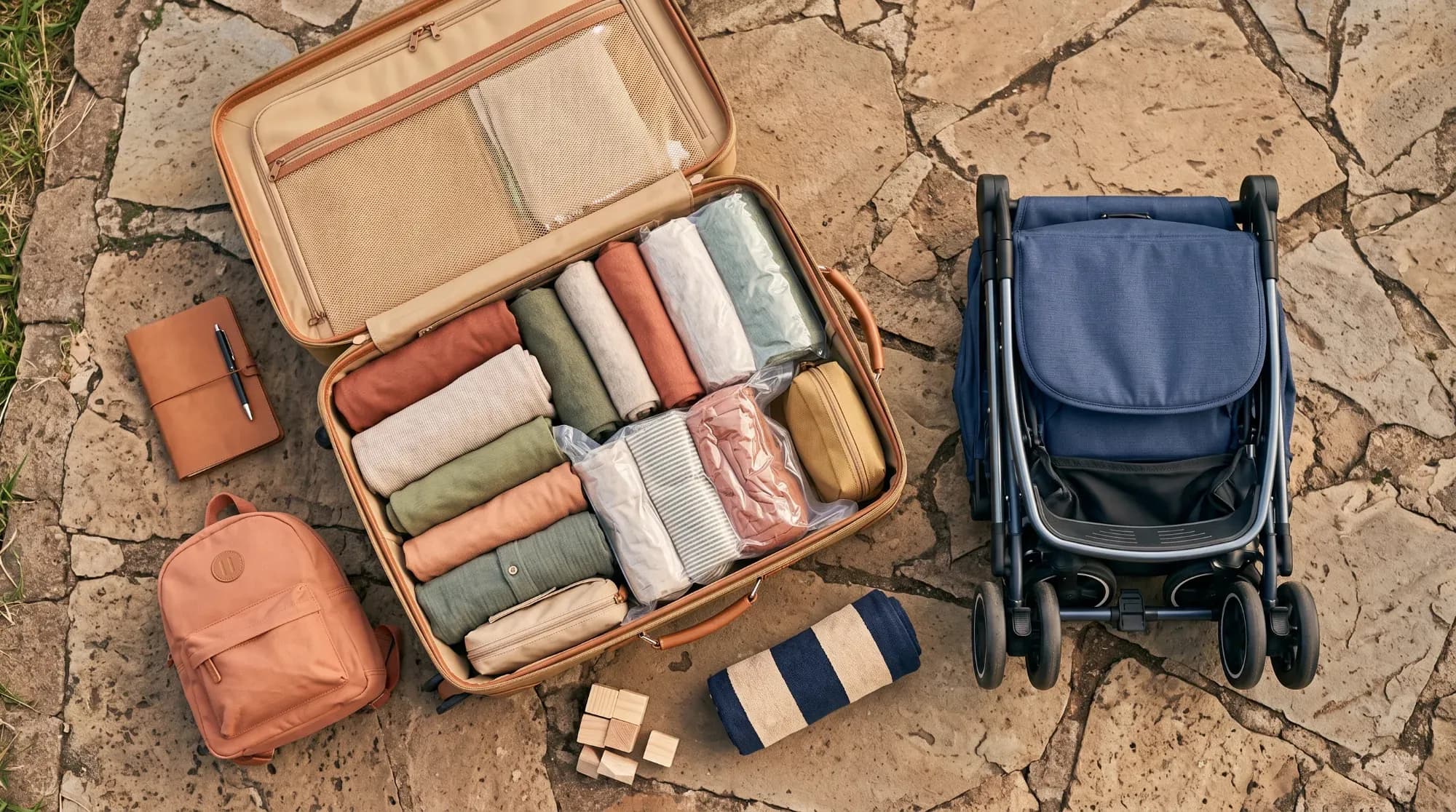 Valise familiale organisée avec sacs de rangement et poussette compacte, illustrant les astuces pour voyager léger en famille