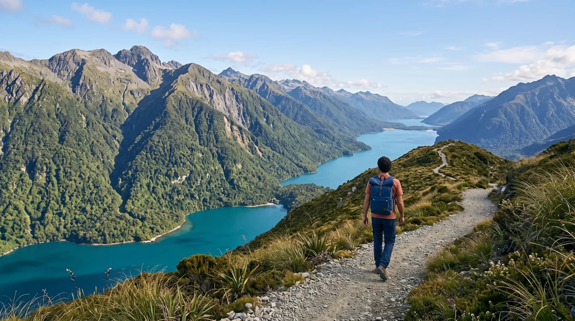 : Sentier de randonnée en Nouvelle-Zélande entre lacs et montagnes, illustrant une aventure nature