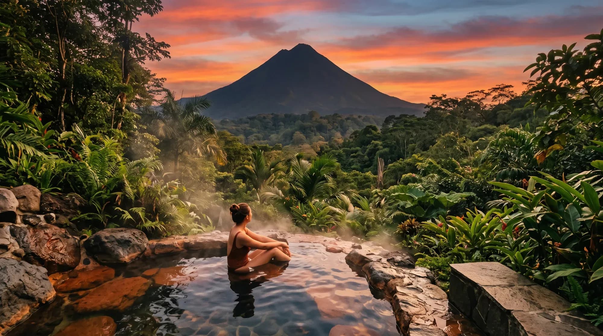 Volcan Arenal au coucher du soleil, illustrant les premiers jours du voyage au Costa Rica