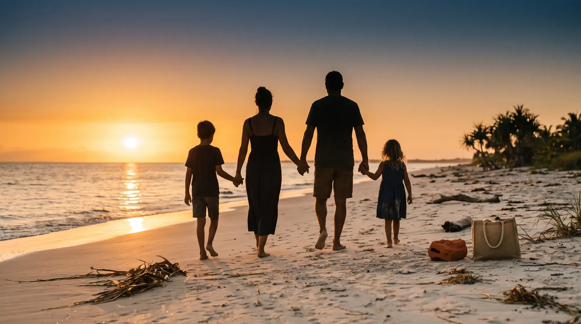 Famille marchant ensemble sur une plage au coucher du soleil, illustrant un voyage en famille réussi