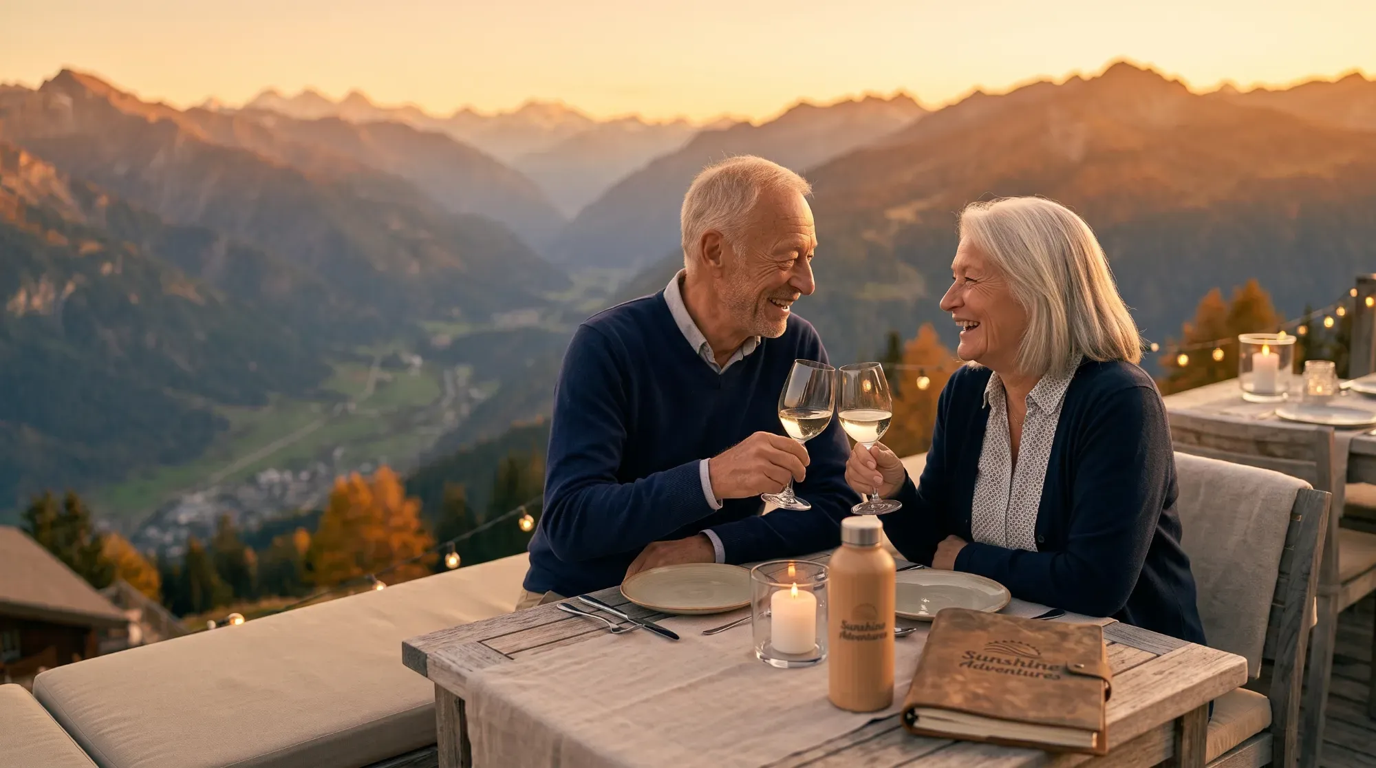 Couple trinquant lors d'un dîner au coucher du soleil, illustrant la célébration d'un moment important en voyage