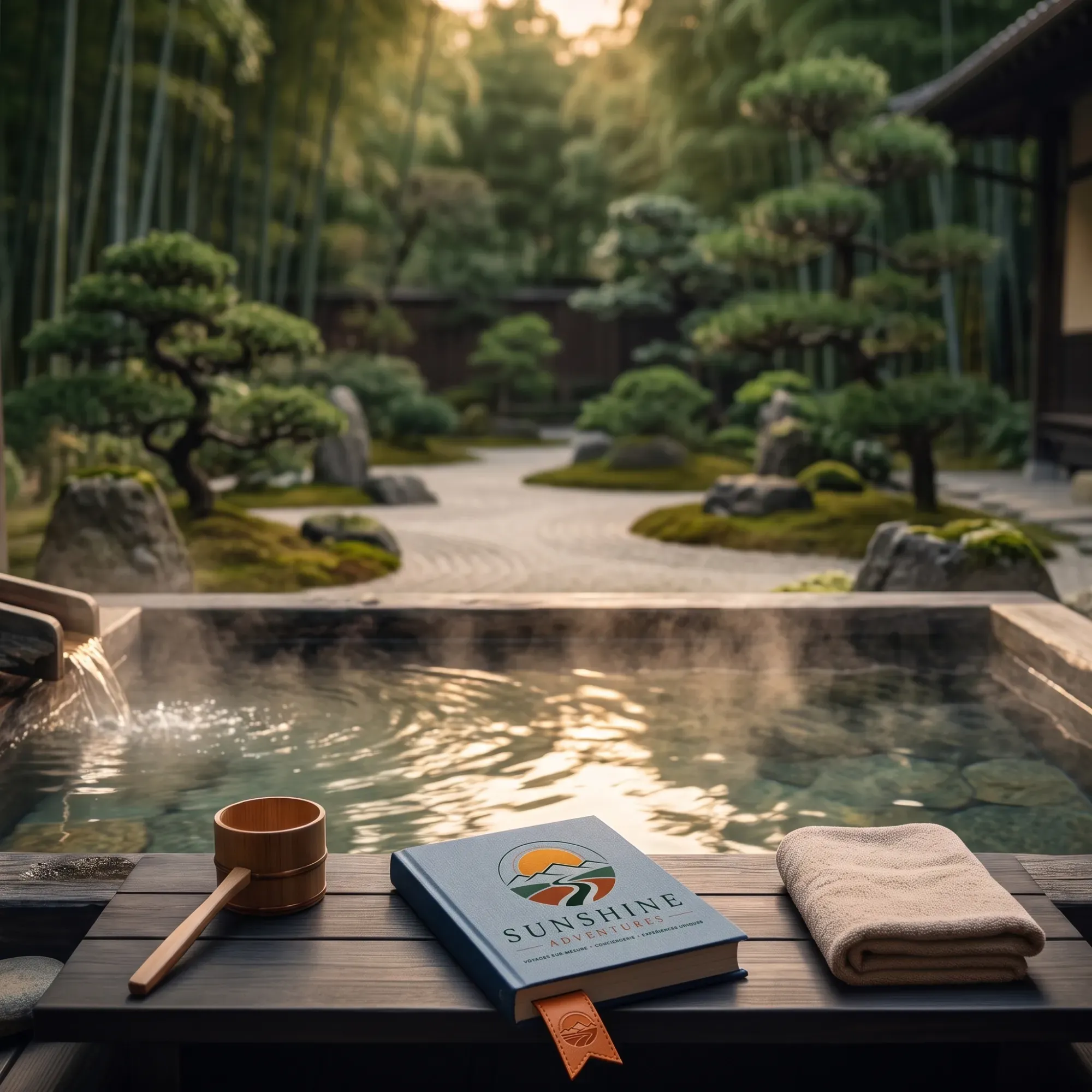 Bain thermal privé d'un ryokan japonais avec vue sur un jardin zen, illustrant un voyage raffiné au Japon