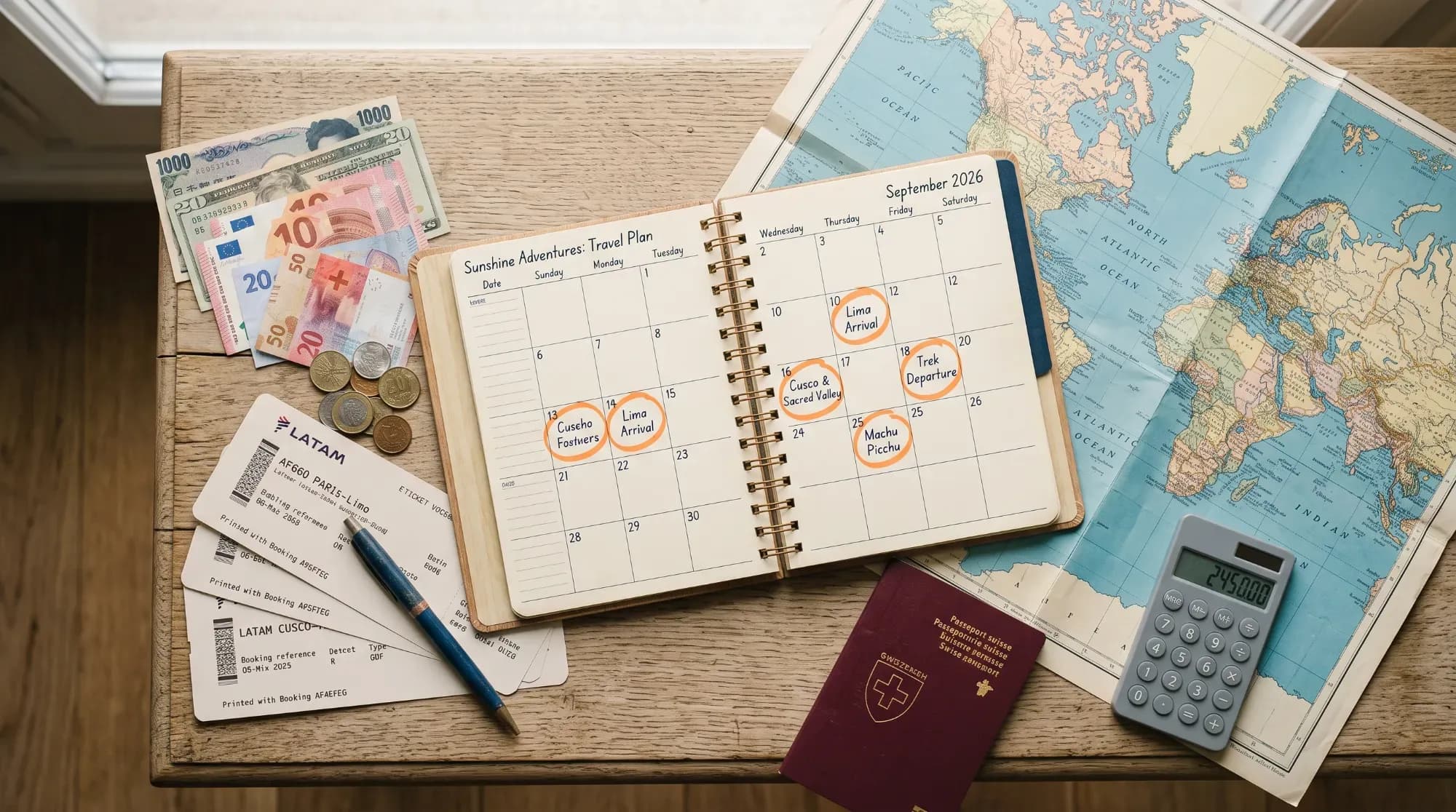 Calendrier avec dates de voyage entourées, illustrant le choix stratégique de la période de départ