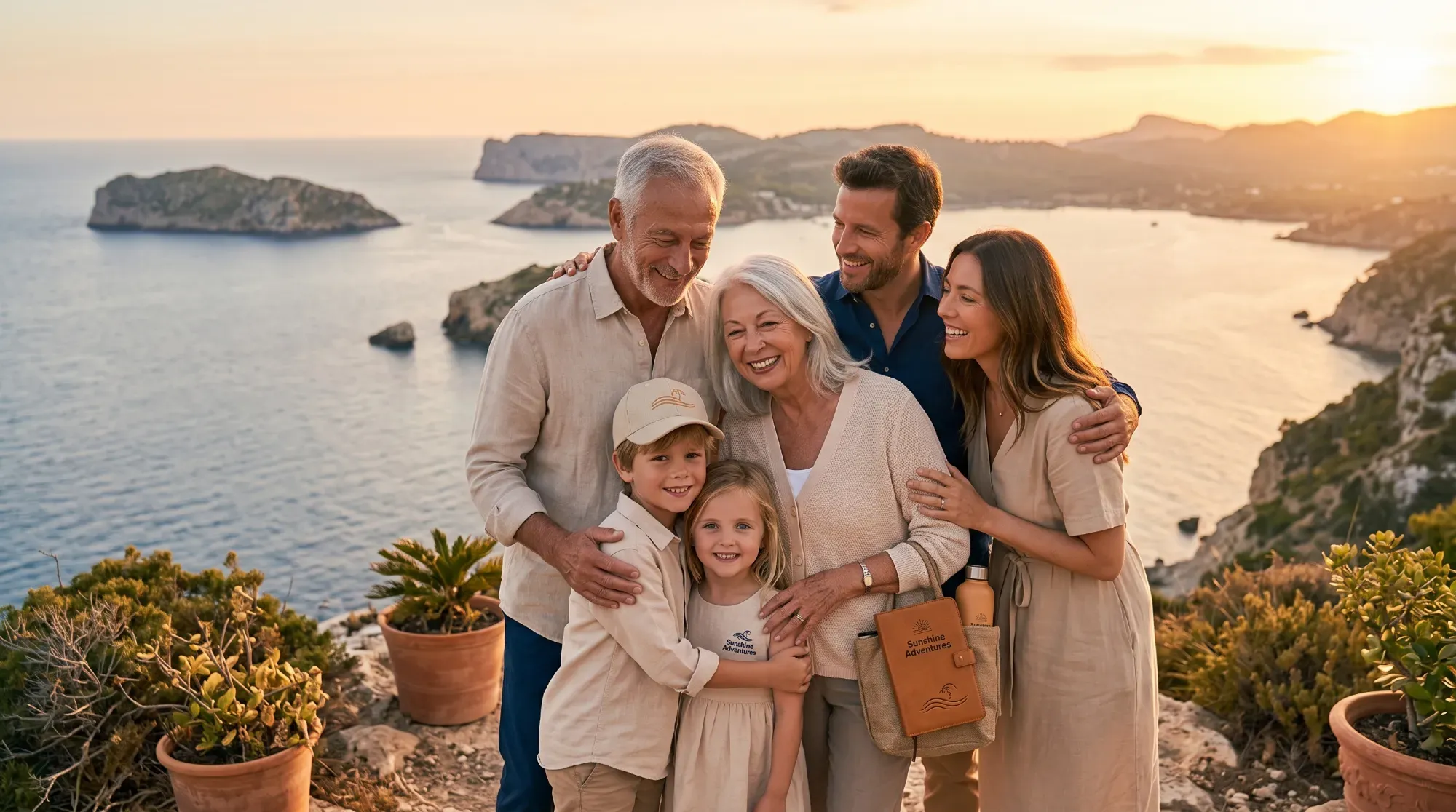 Photo de famille sur trois générations devant un paysage grandiose, illustrant les souvenirs partagés d'un voyage intergénérationnel