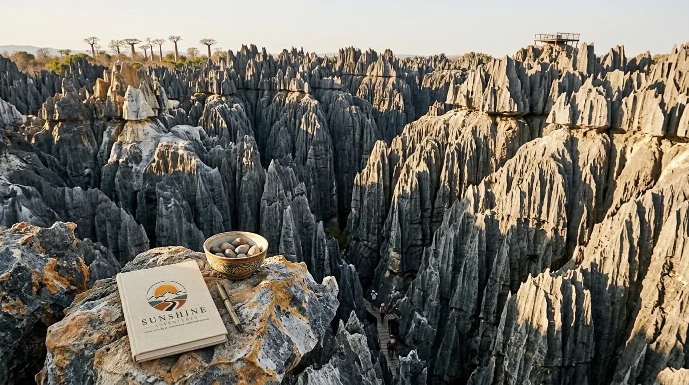 Formations rocheuses des Tsingy de Bemaraha à Madagascar, illustrant une immersion dans la nature malgache