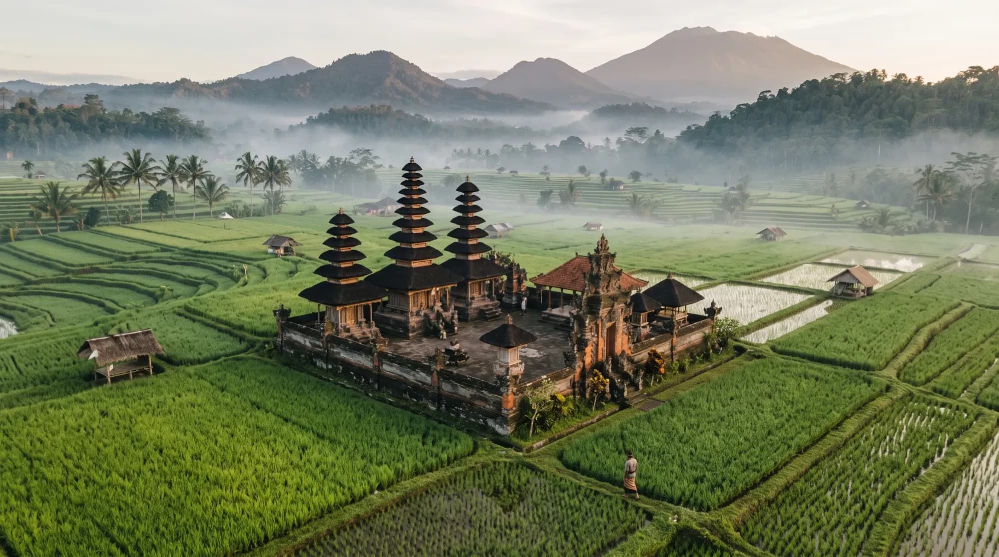 Temple balinais entouré de rizières en terrasses, illustrant l'atmosphère spirituelle de Bali