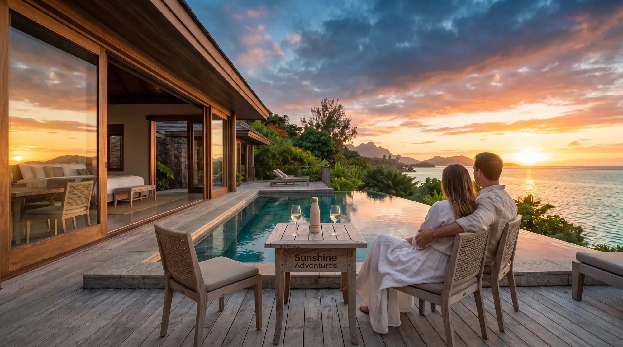 Couple contemplant un paysage tropical depuis une terrasse privée, illustrant un moment romantique en voyage de noces